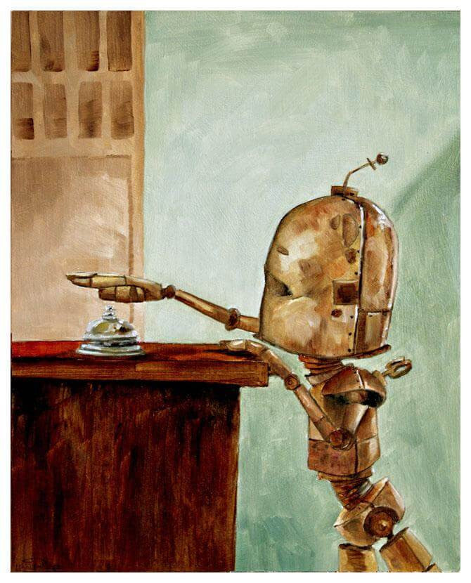 Bell Bot - Robots in Rowboats by Lauren Briere + Print on Wood "Brick"