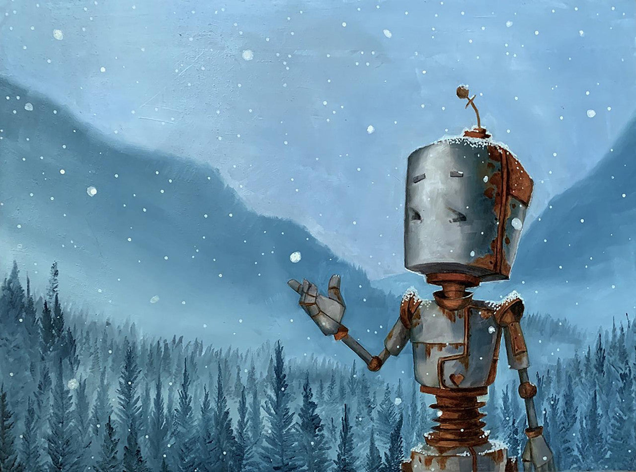 Snow Bot - Robots in Rowboats by Lauren Briere + Print on Wood "Brick"