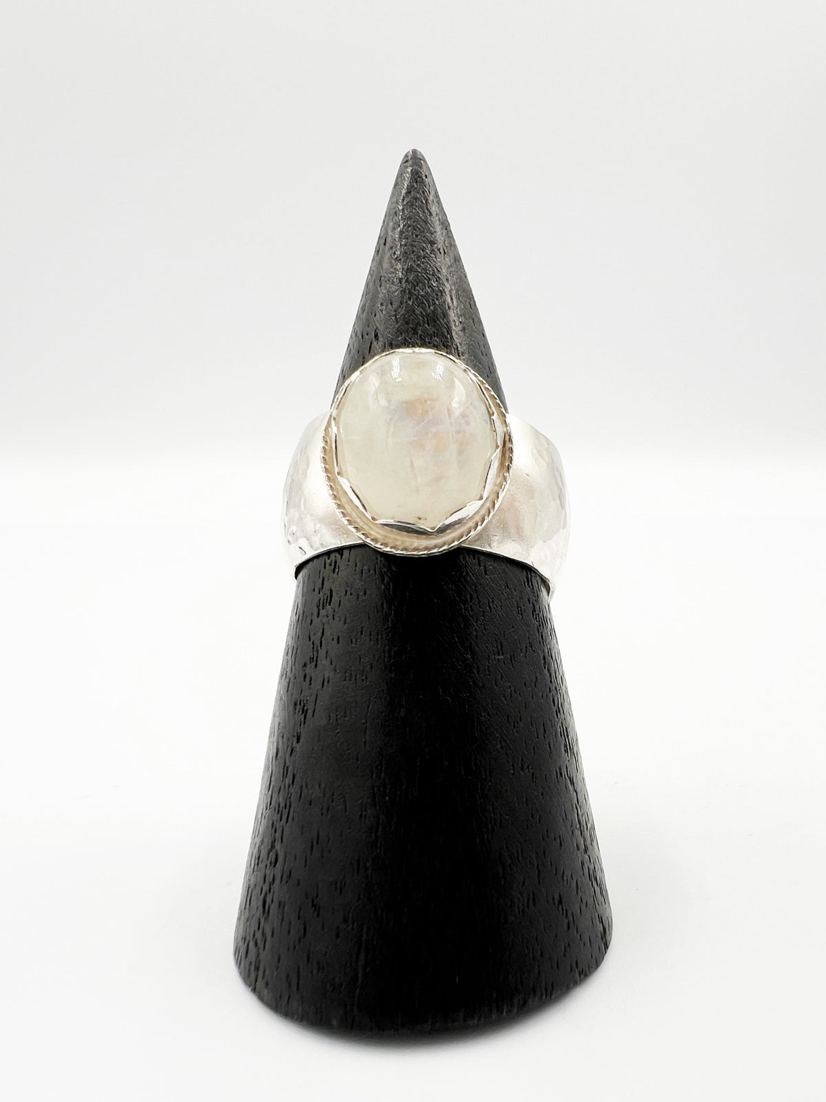 Rainbow Moonstone Hammered Band Sterling Silver Ring by BeBeadiful Jewelry