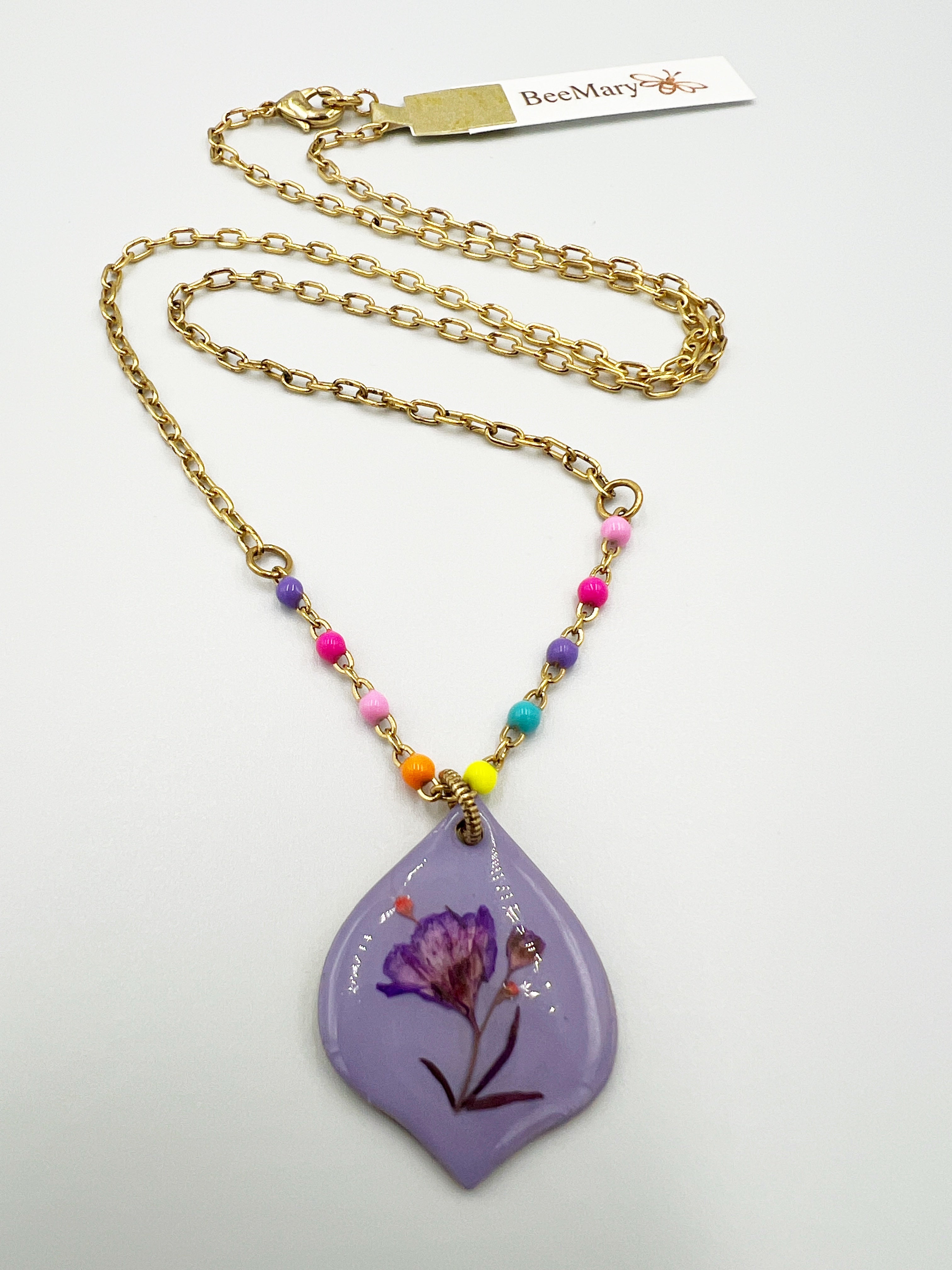 Lilac Painted Nectar Necklace with Rainbow Beads by Bee Mary