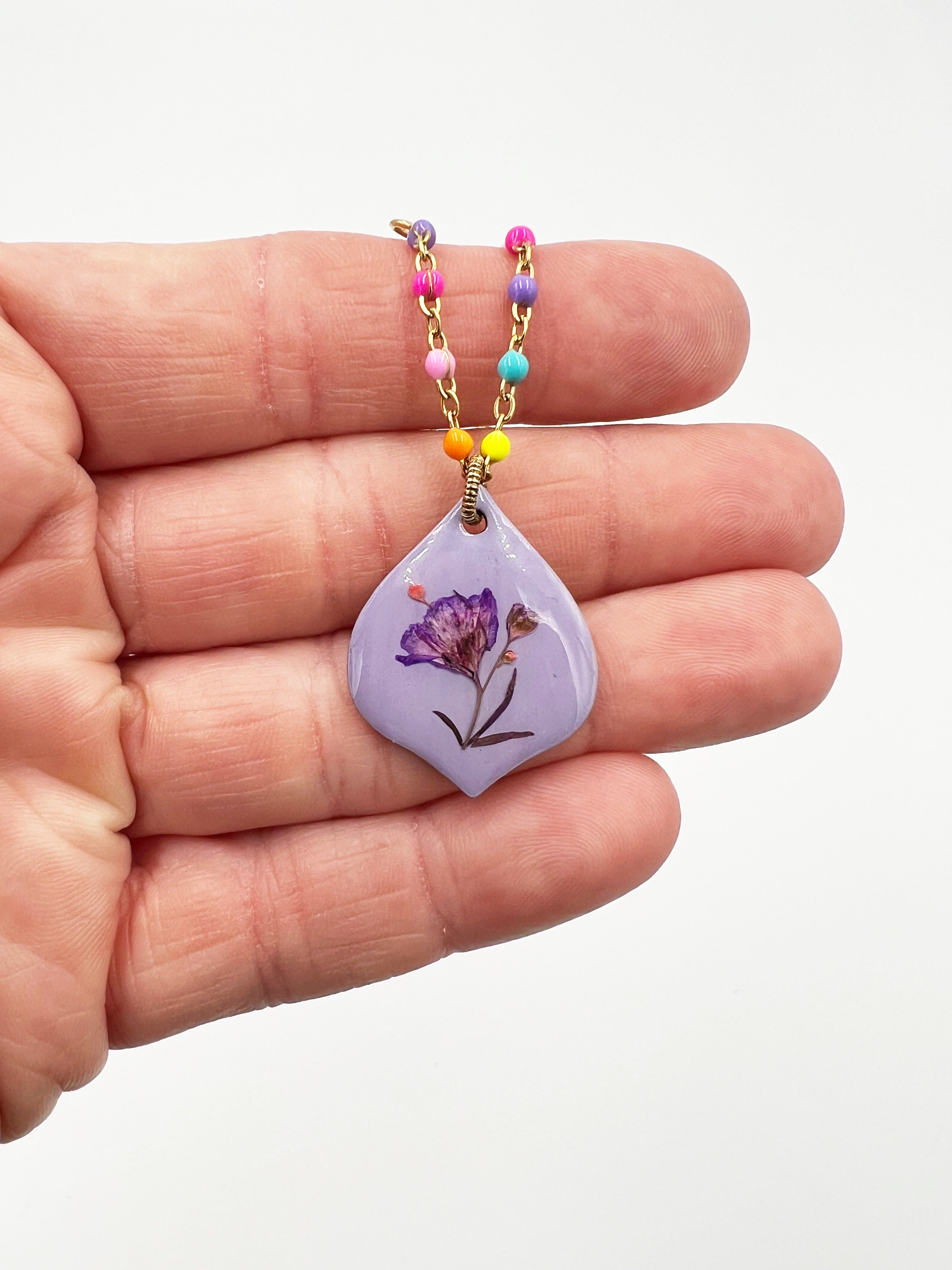 Lilac Painted Nectar Necklace with Rainbow Beads by Bee Mary