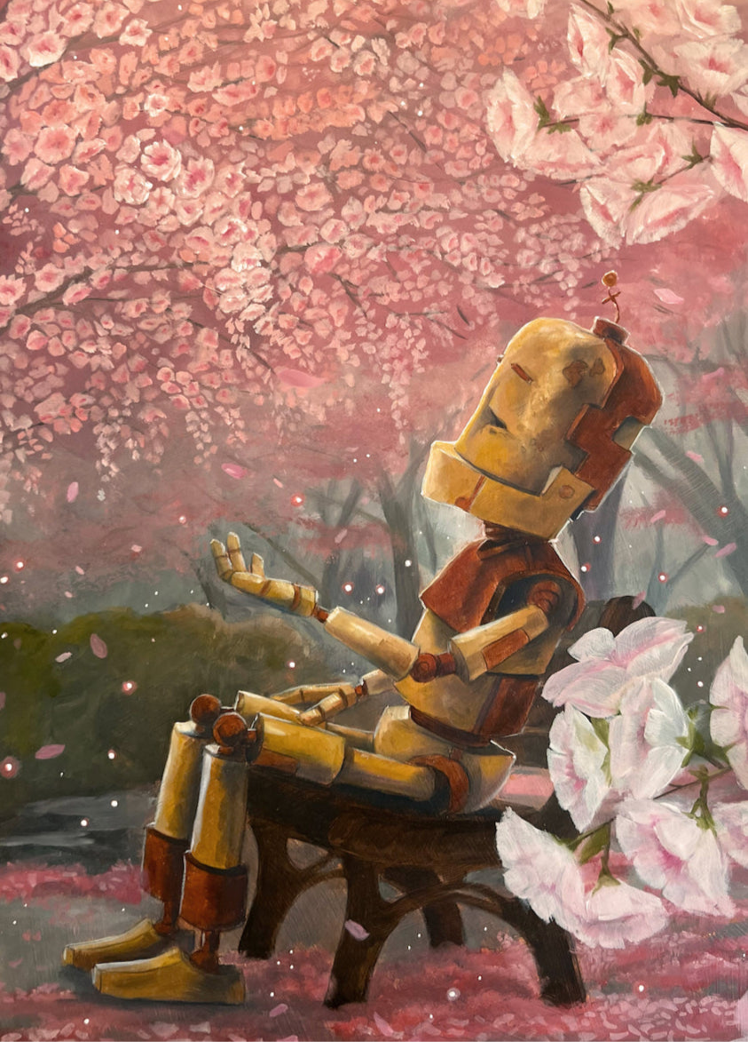 Blossoms Bot - Robots in Rowboats by Lauren Briere + Print on Wood "Brick"