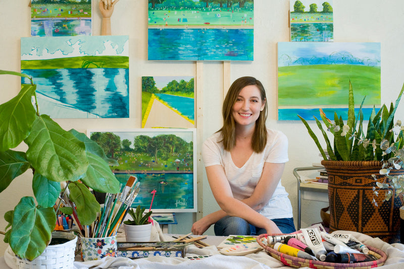 I paint on canvas and wood panels with acrylic paint, gouache, and wax pastels. I often slowly build up a painting one thin layer at a time.