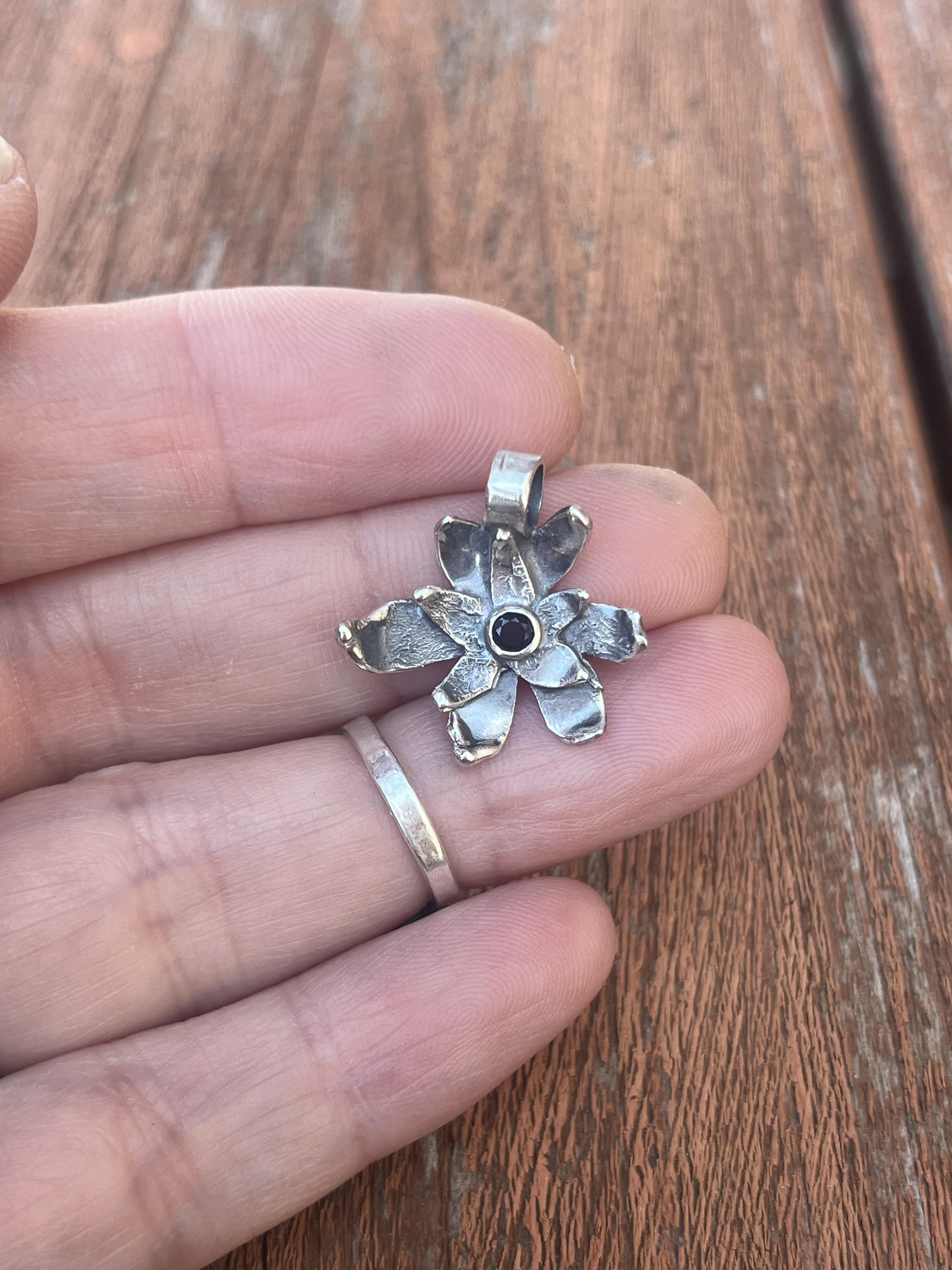 Sterling Silver and Black Spinel Flower Pendant by Courtney Marie Jewelry