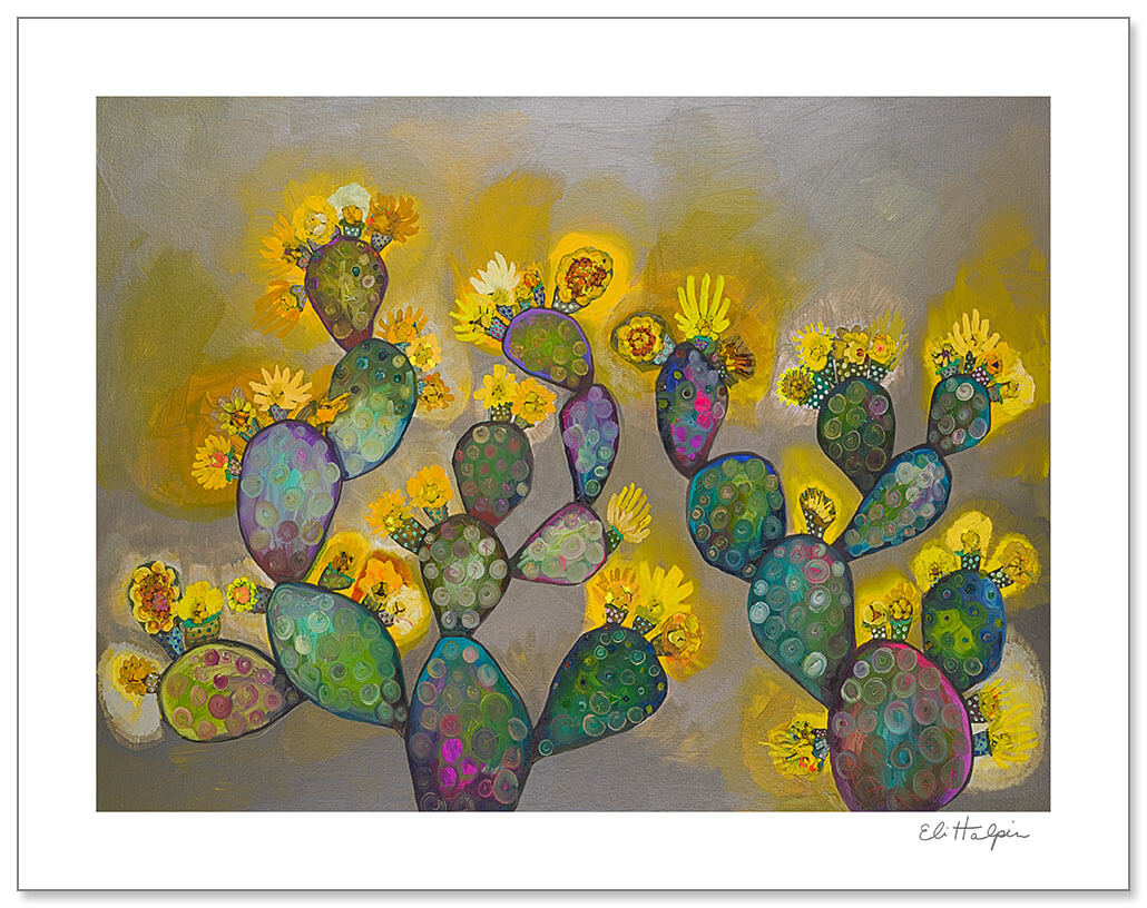 Blooming Prickly Pear Cactus Print + Yellow/Gray by Eli Halpin + 11"x14" Paper