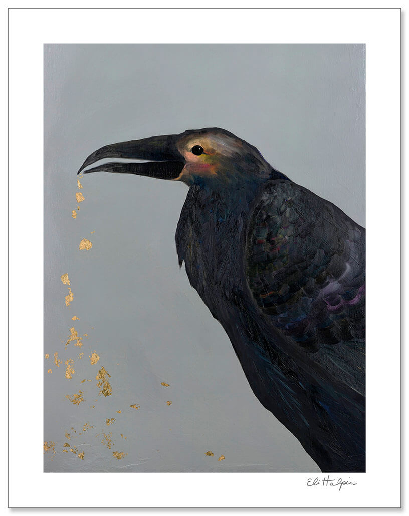 Crow Crunching on Gold Beetle Crumbs Print by Eli Halpin + 11"x14" Paper