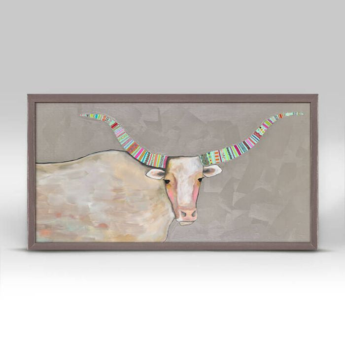 Longhorn on Pearl Gray Mini Framed Canvas Print by Eli Halpin - White Frame