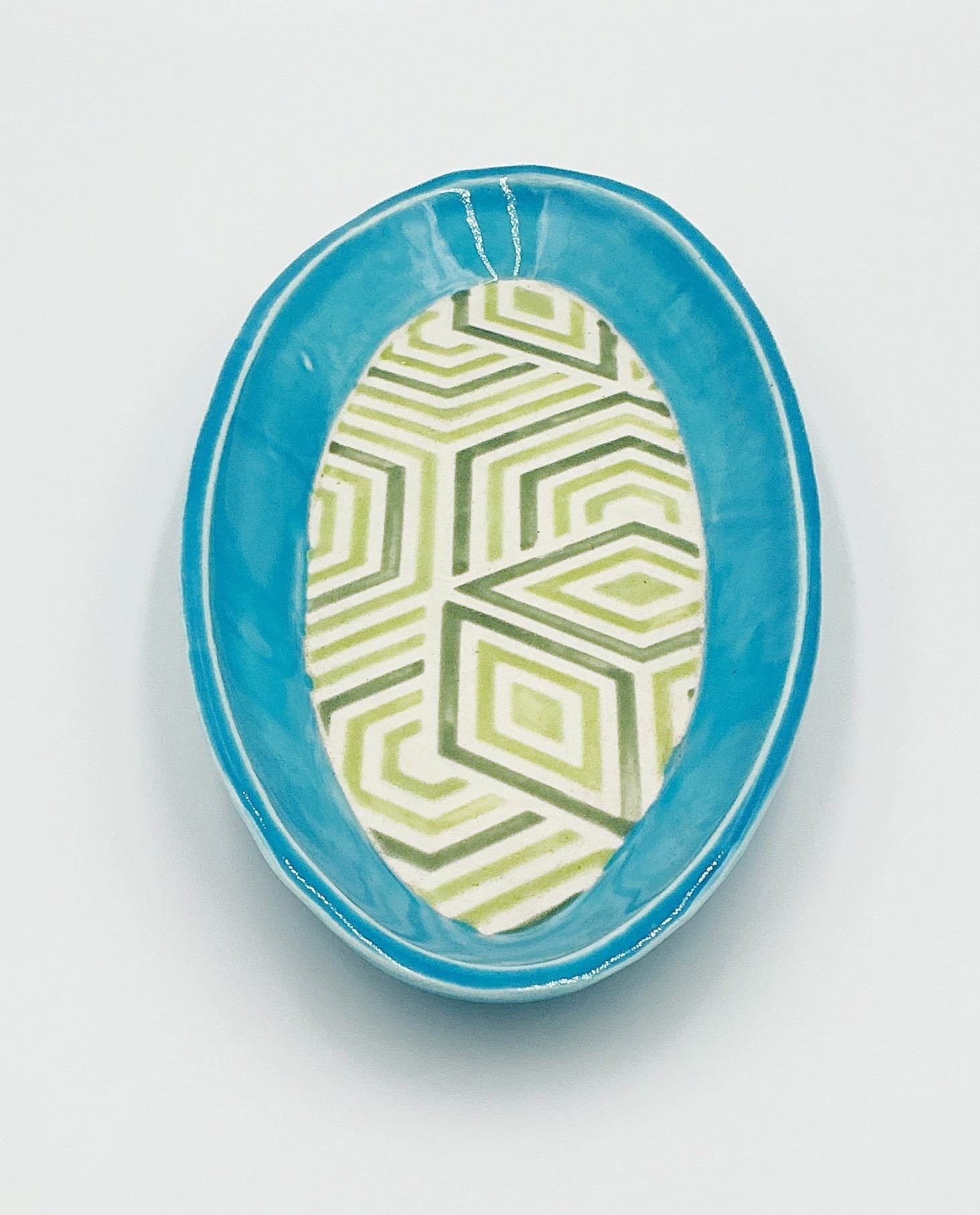 Oval Blue and Green Geometric Tray by Ephemeral Pottery