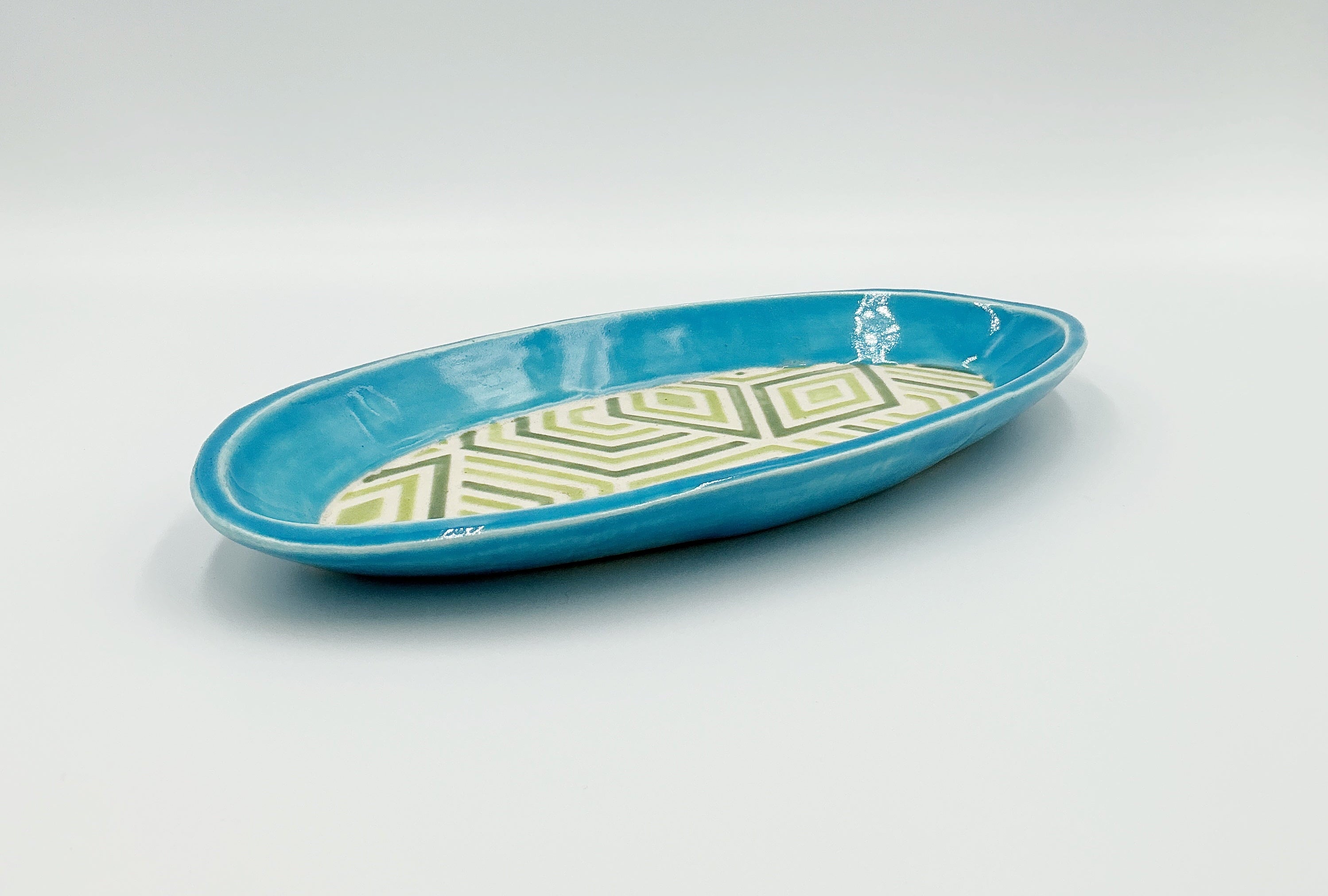 Oval Blue and Green Geometric Tray by Ephemeral Pottery