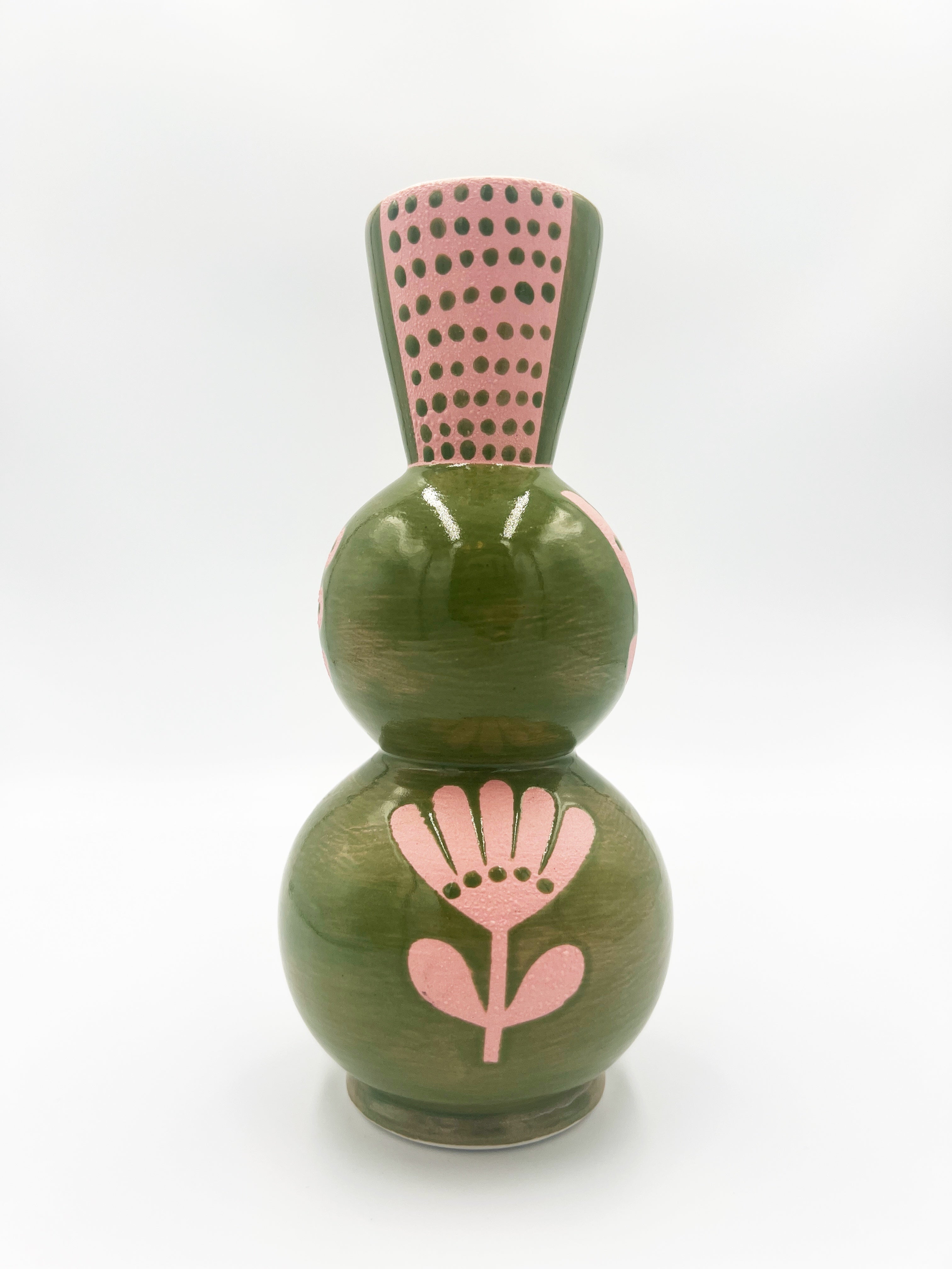 Green Vase with Pink Flowers by Ephemeral Pottery