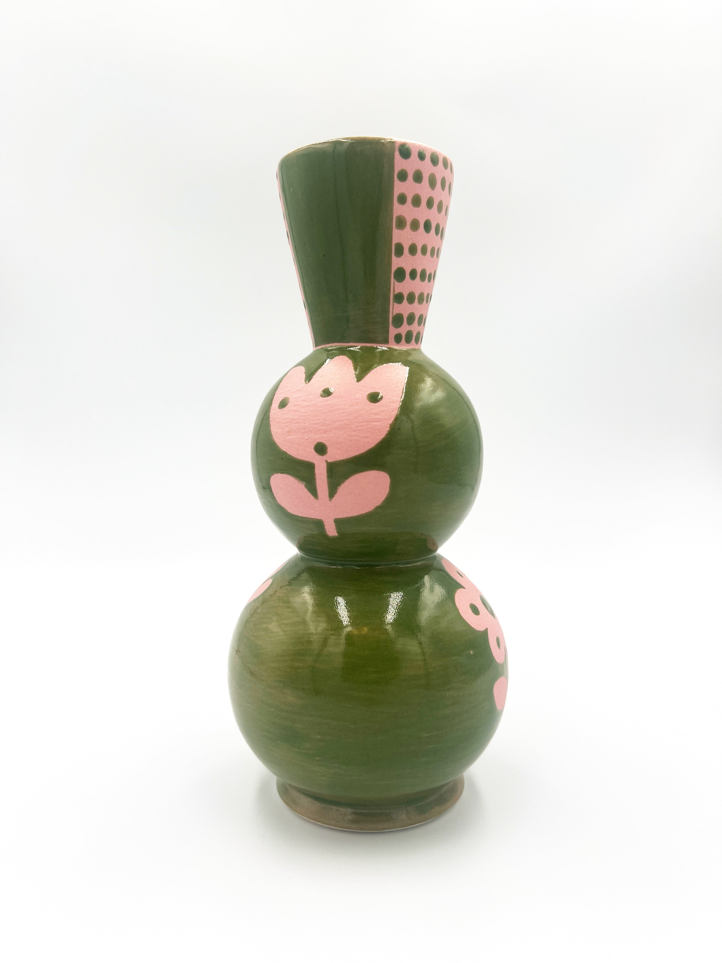 Green Vase with Pink Flowers by Ephemeral Pottery