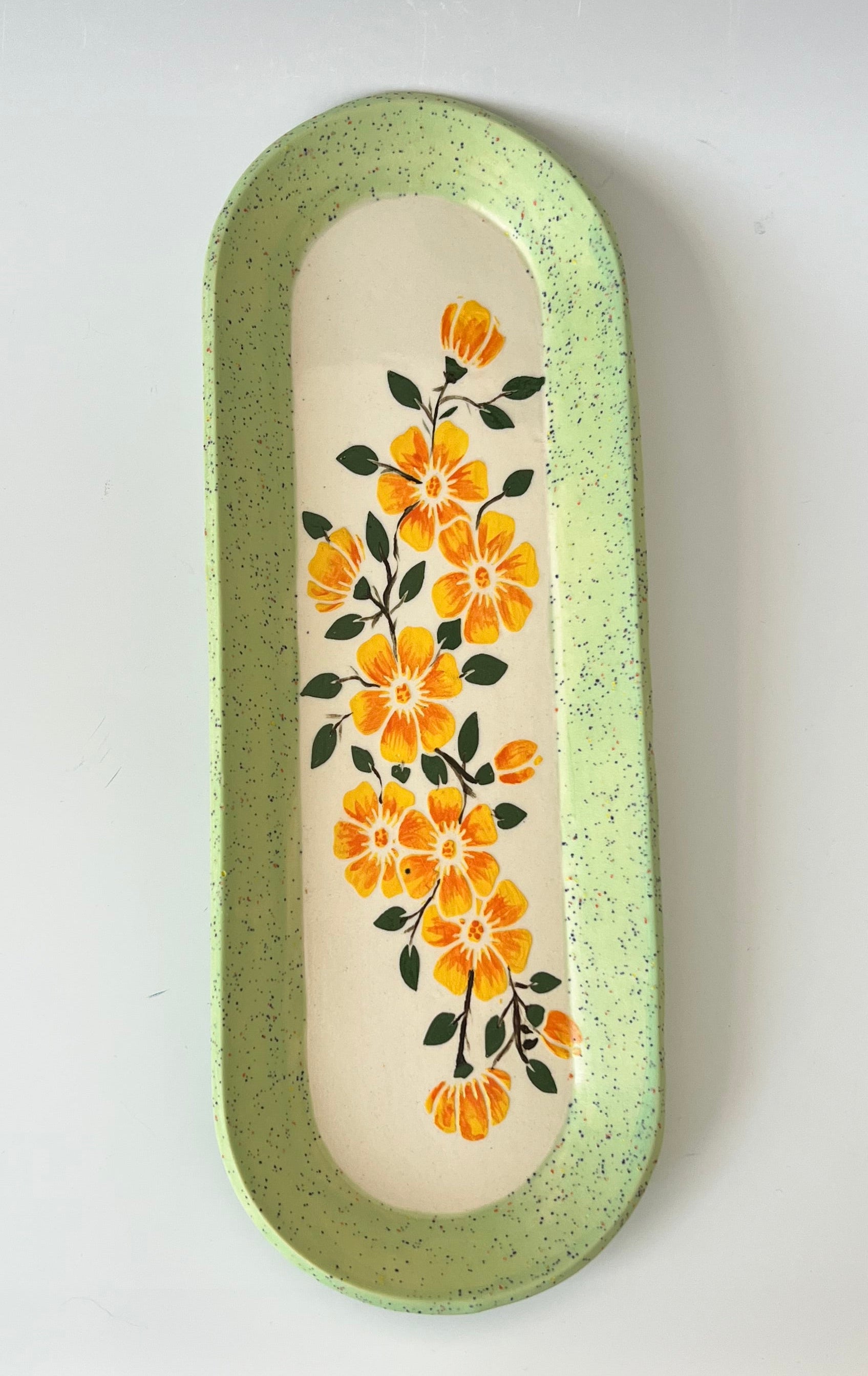 Yellow Flower Tray with Green Edge by Ephemeral Pottery