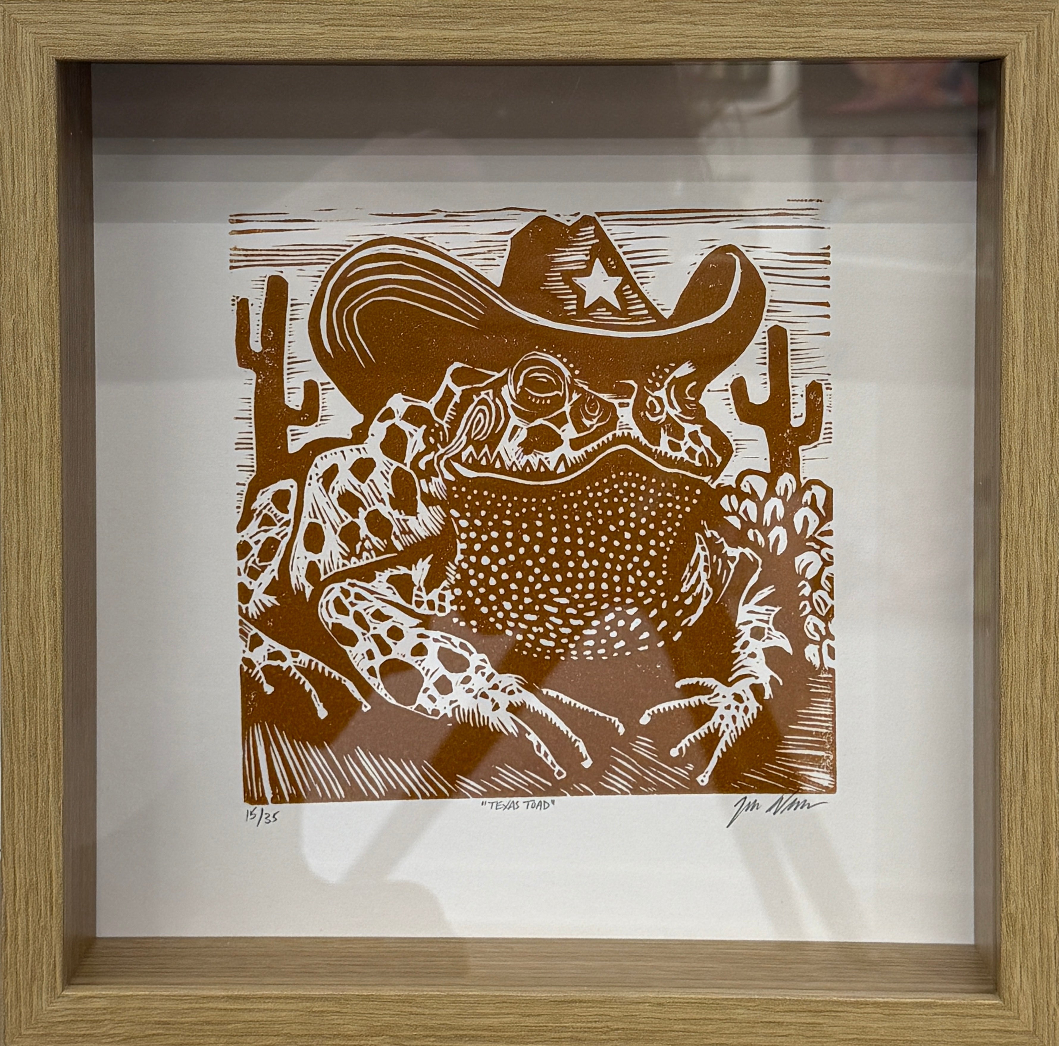 Texas Toad in Longhorn Orange Print in Shadow Box by Brunky Art