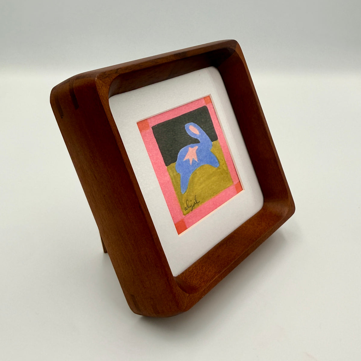 Blue Bunny with Patch Border (Small Framed) Original by Little Paper Lady