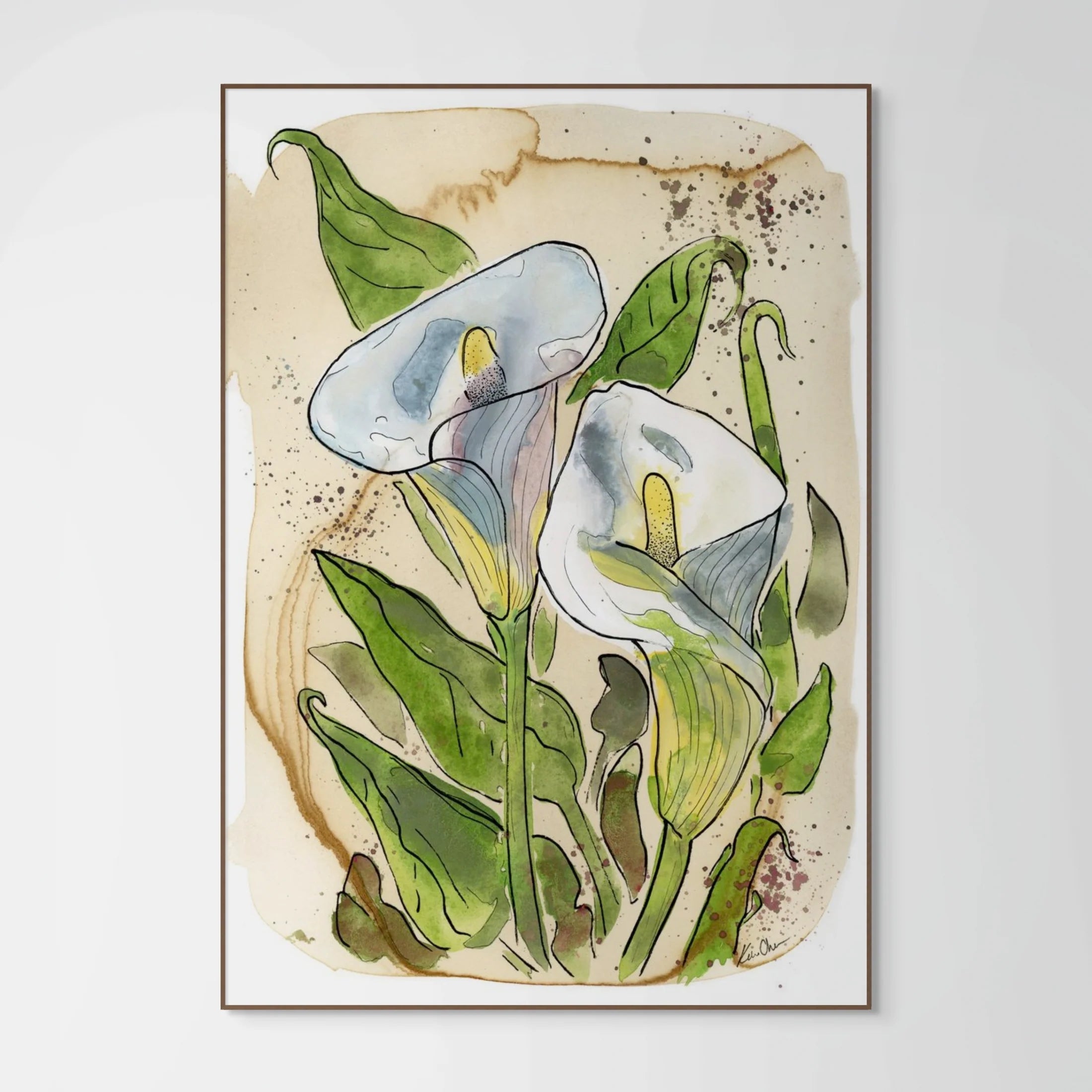 Calla Lilly 2 On Coffee Stained Paper Print by Katie Chance