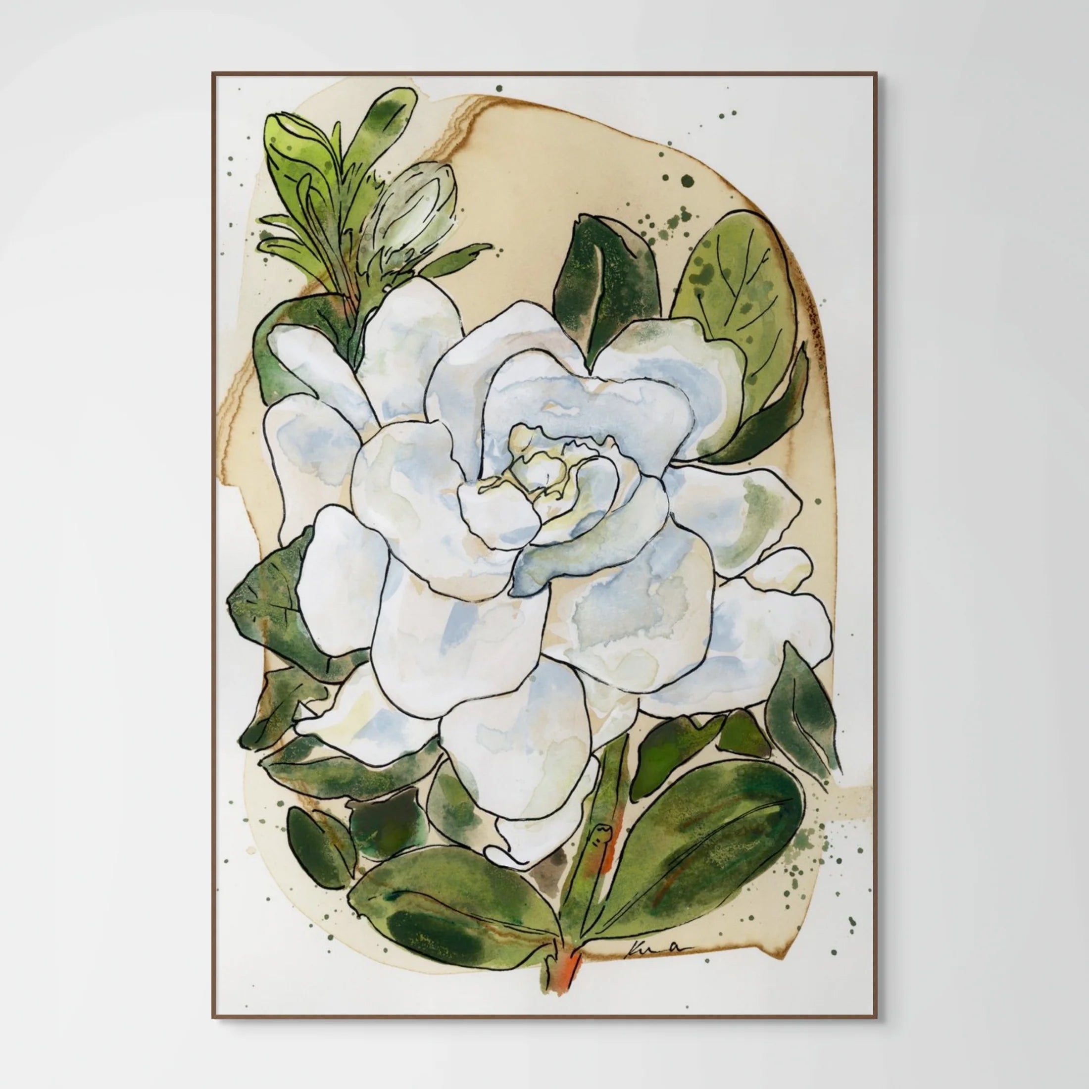 Gardenia 2 On Coffee Stained Paper Print by Katie Chance