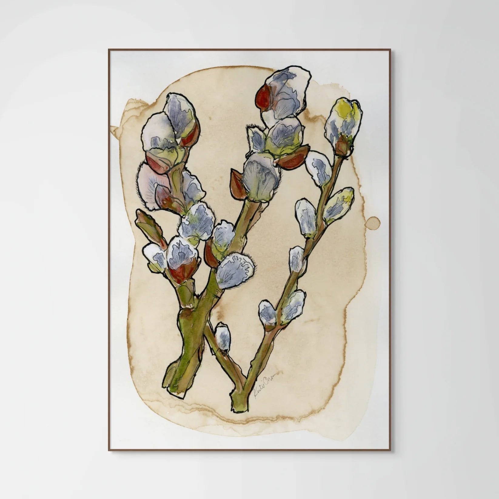 Pussy Willow On Coffee Stained Paper Print by Katie Chance