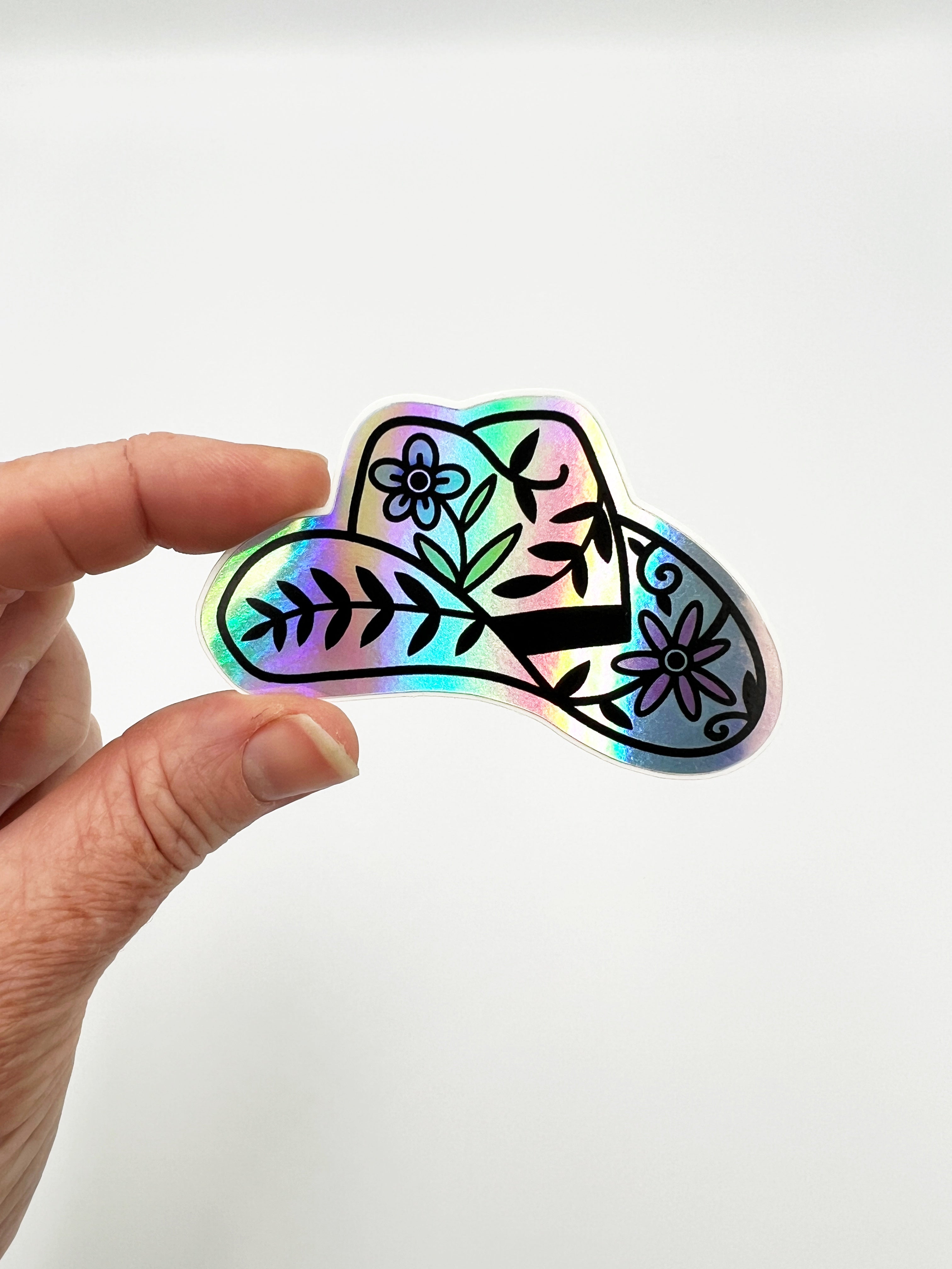 Holographic Floral Cowboy Hat Sticker by Katie Cowden