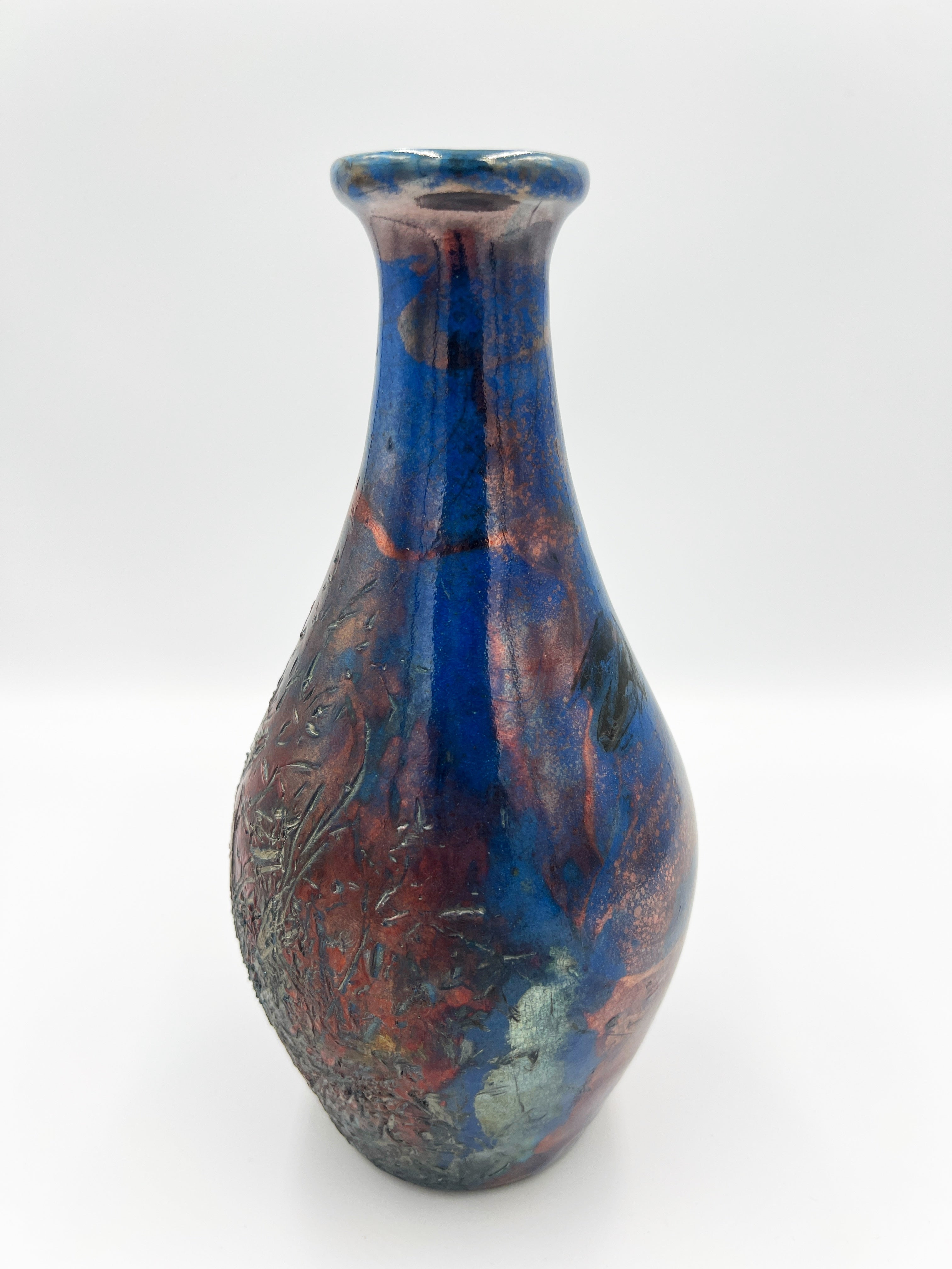 Copper & Blue Hay Raku Vase by Mark Kazanoff