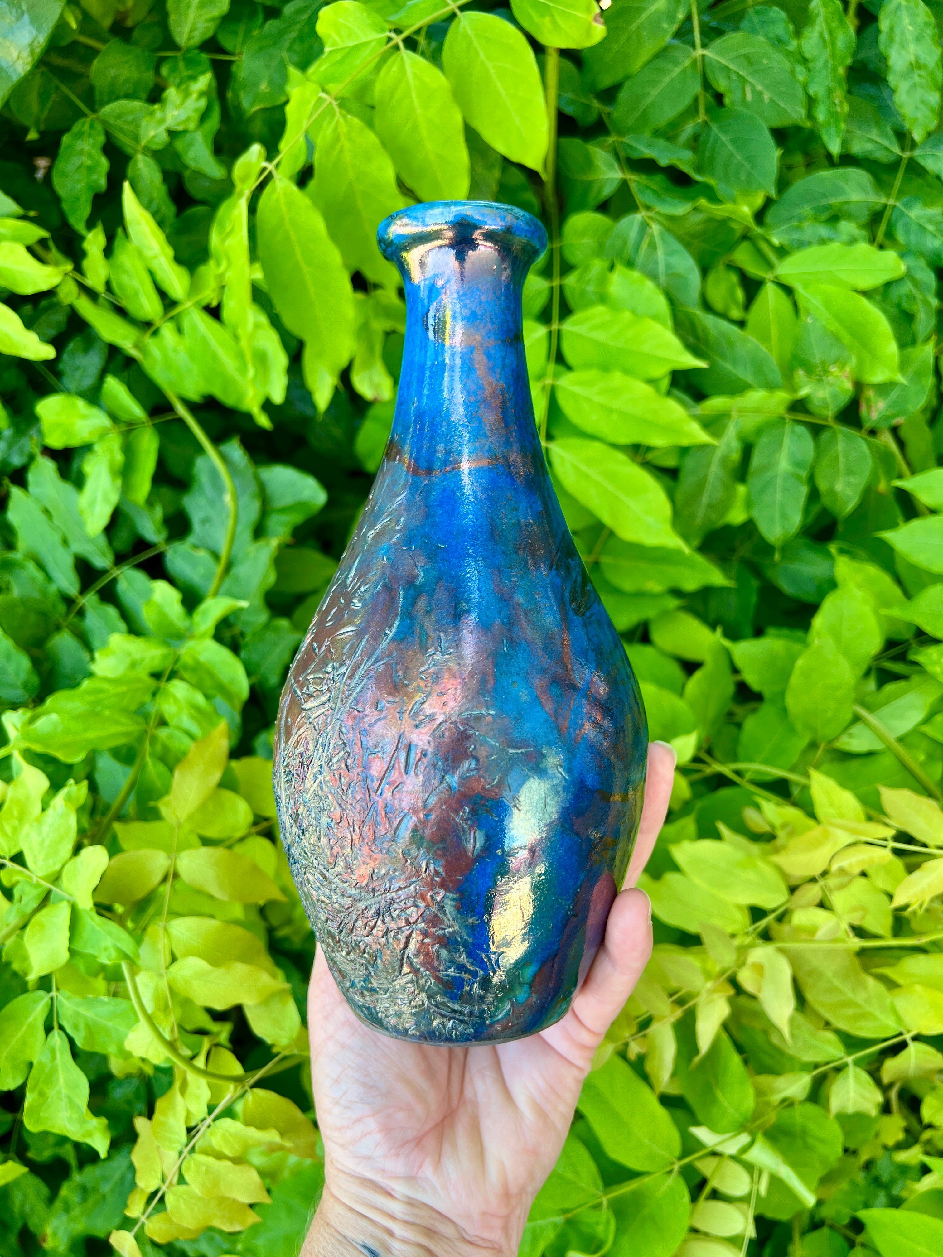 Copper & Blue Hay Raku Vase by Mark Kazanoff