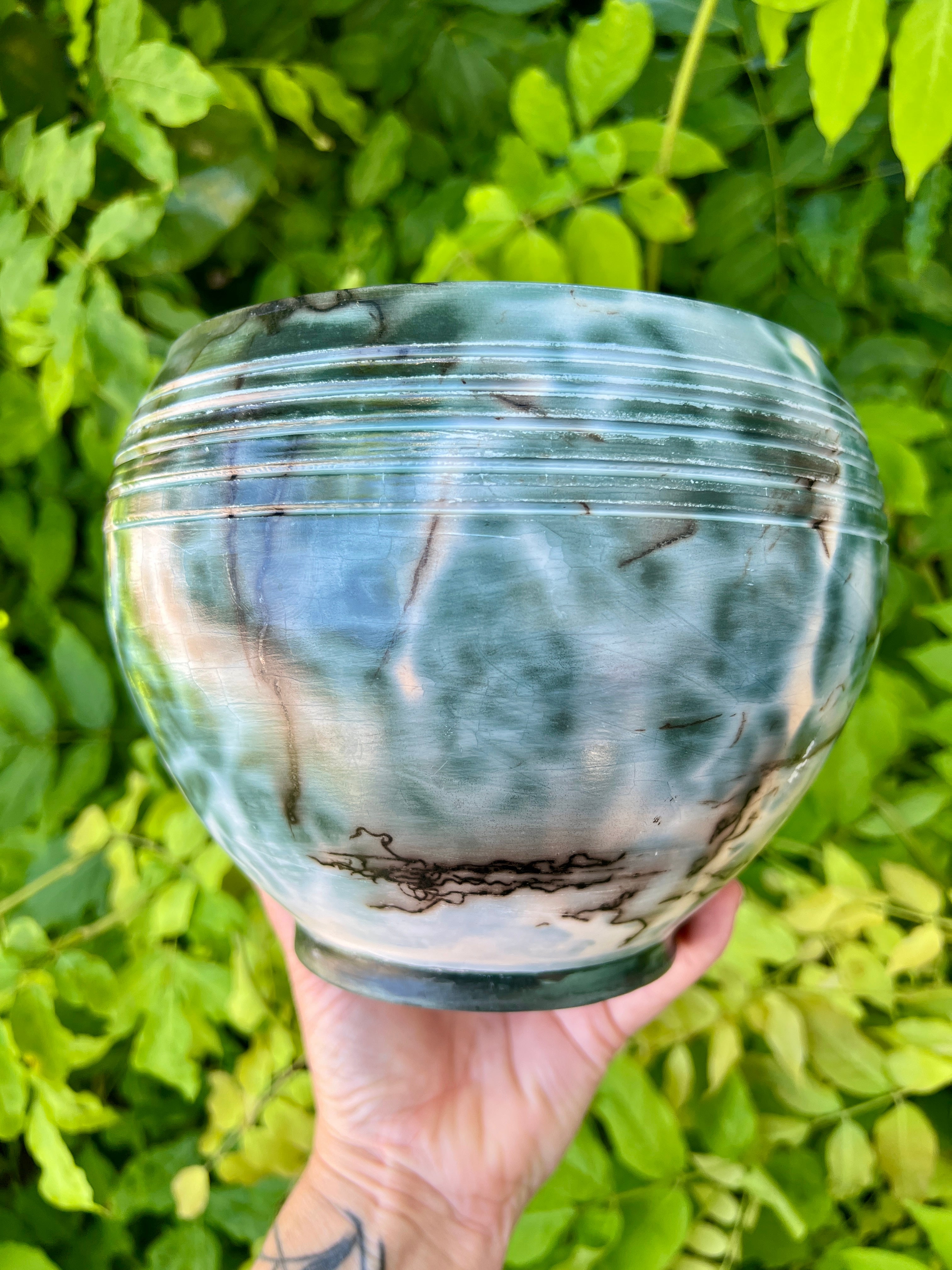 Blue Leopard Horsehair Raku Bowl by Mark Kazanoff