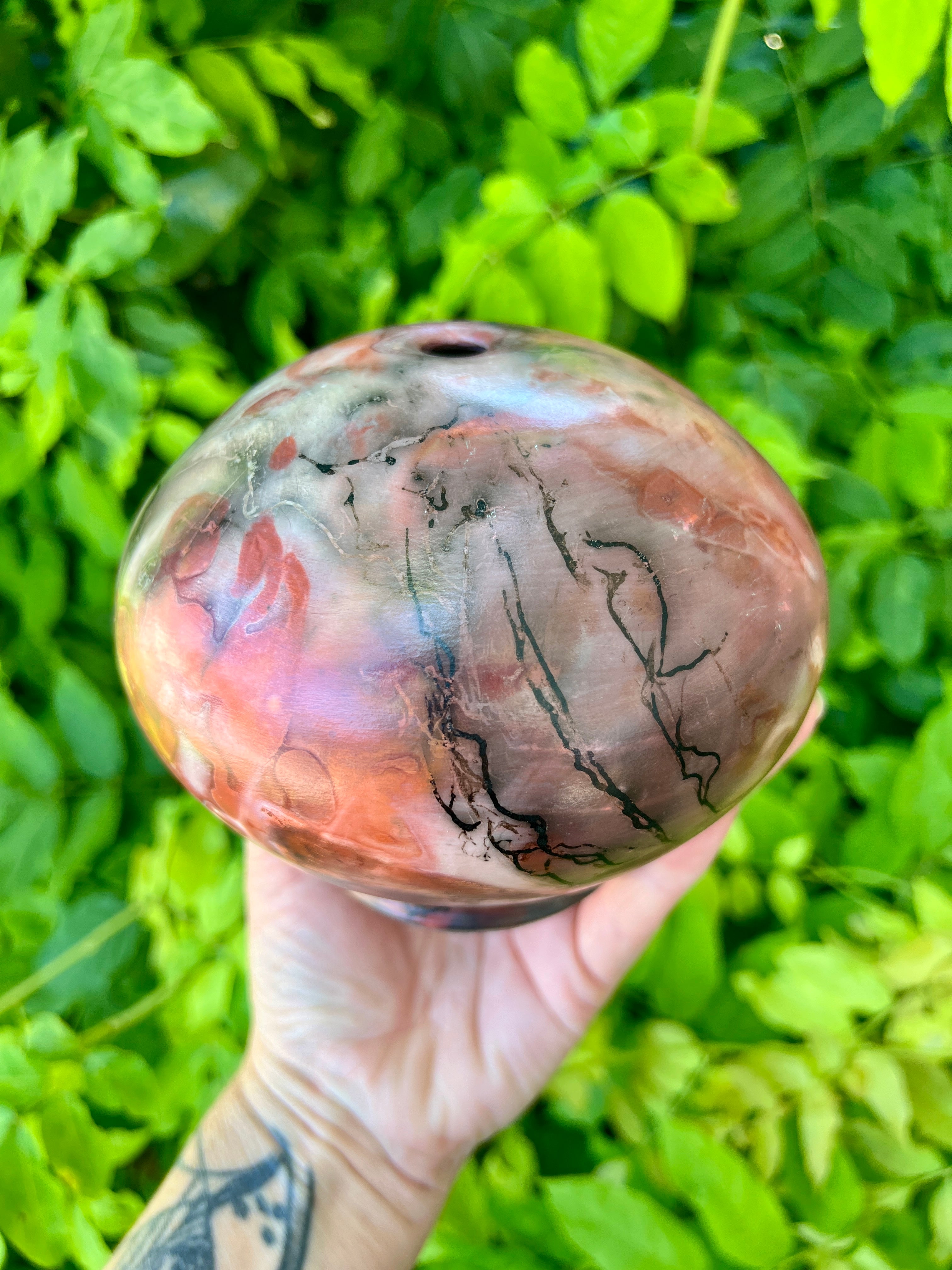 Rhodochrosite Horsehair Raku Vase by Mark Kazanoff