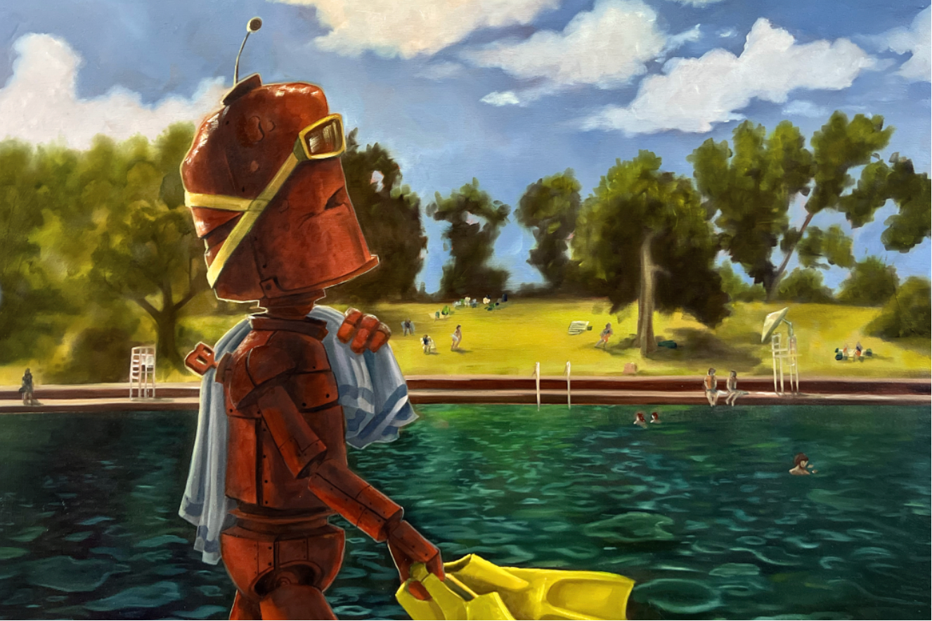Barton Springs Bot - Robots in Rowboats by Lauren Briere + Print on Wood "Brick"