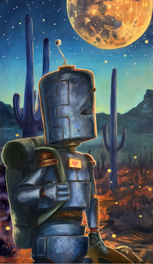 Desert Nights Bot - Robots in Rowboats by Lauren Briere + Print on Wood "Brick"