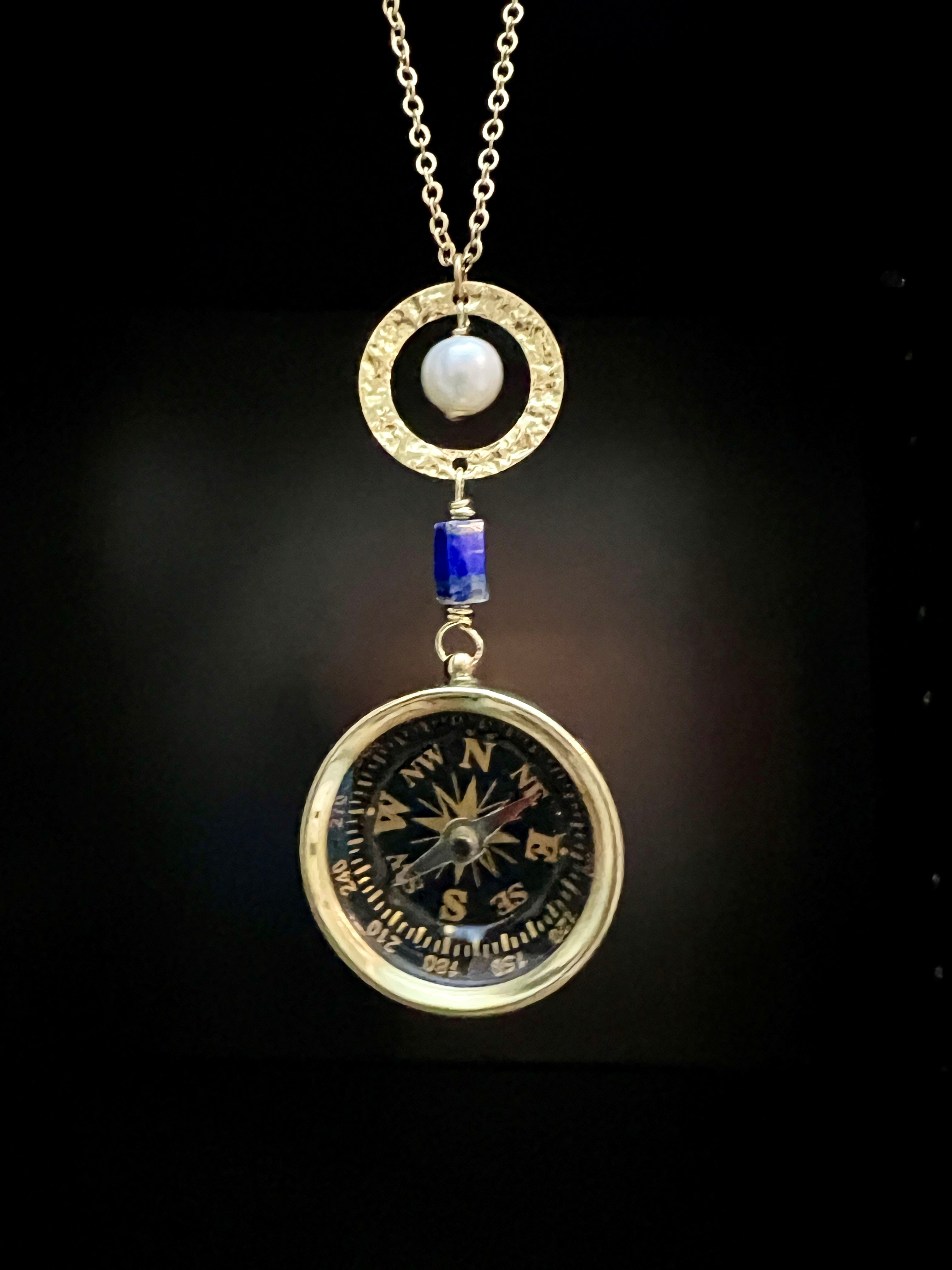 Brass Compass and Lapis Necklace by Pake