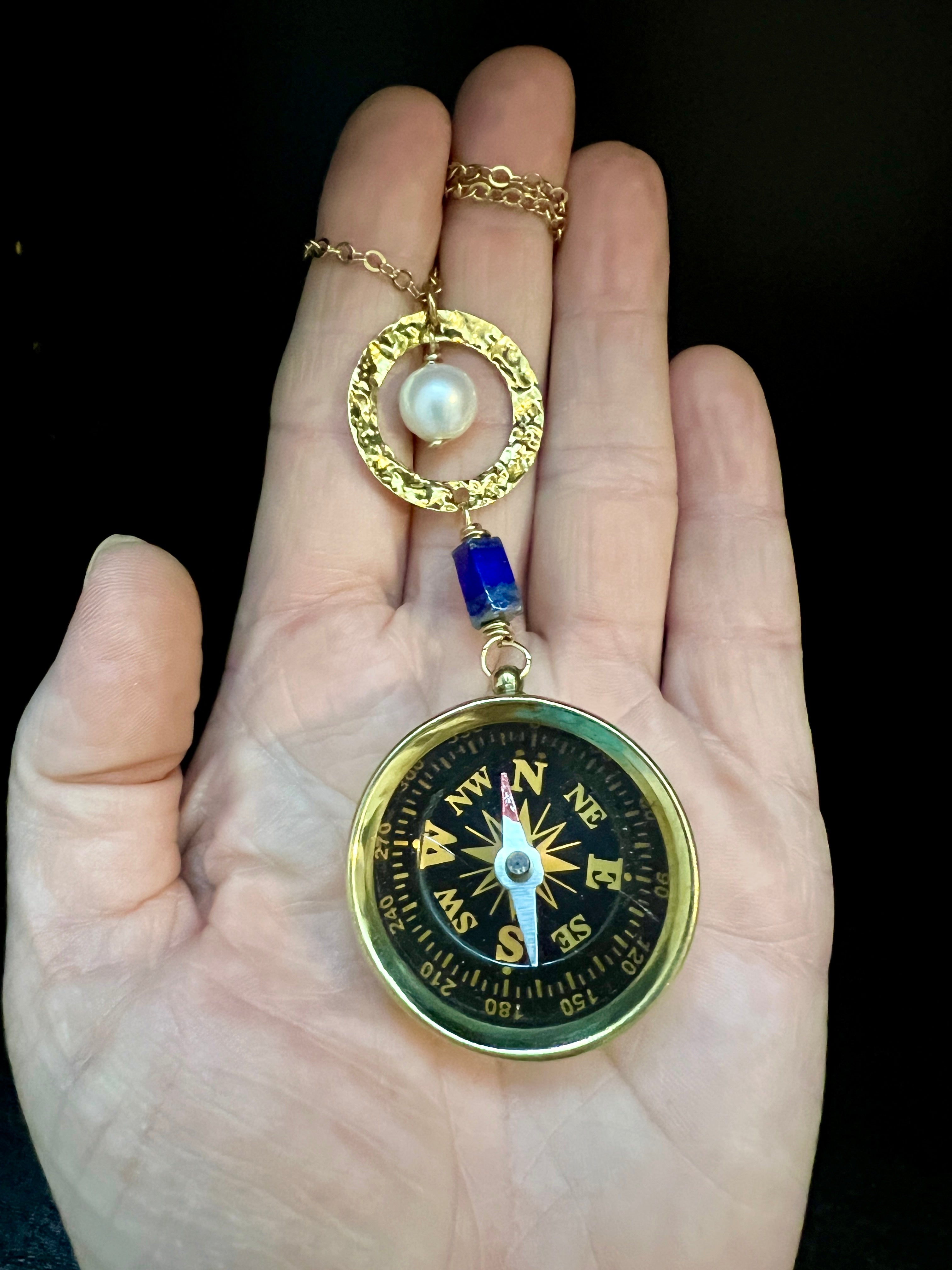 Brass Compass and Lapis Necklace by Pake