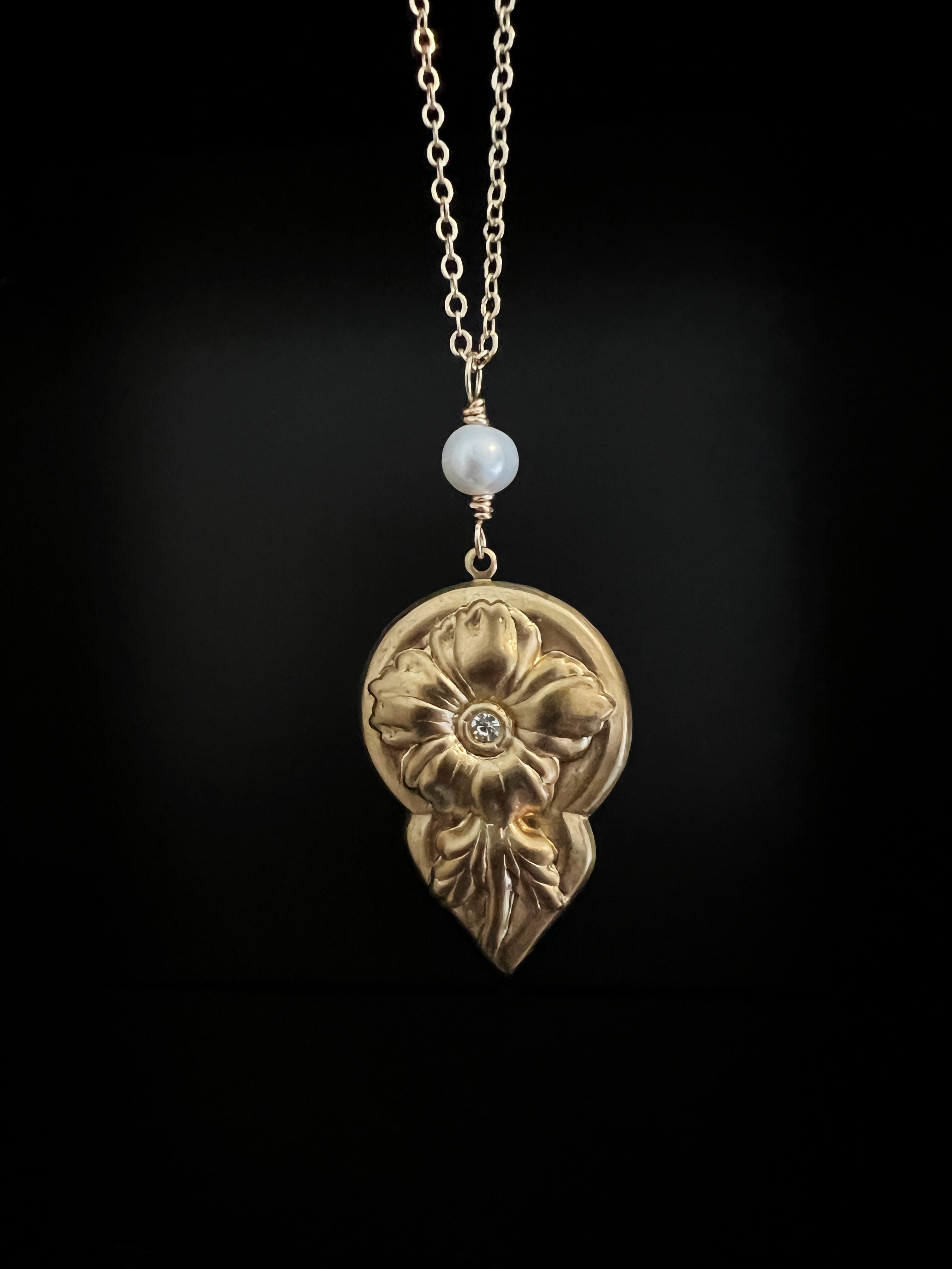 Vintage Brass Flower with Pearl Necklace by Pake