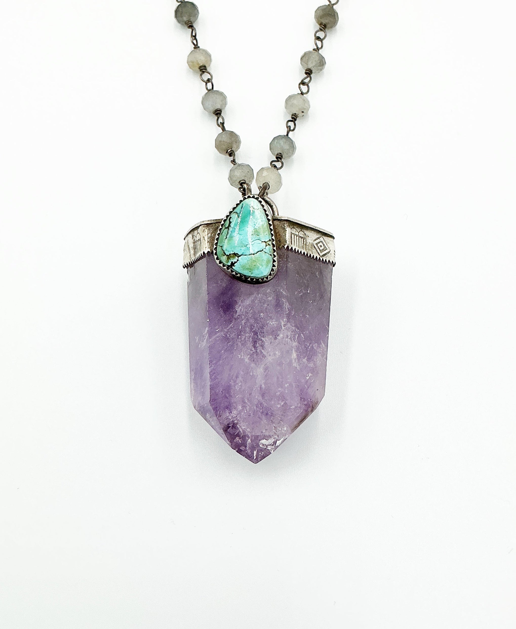Amethyst, Iron Maiden Turquoise and Labradorite Necklace by Rebecca Frazier Jewelry