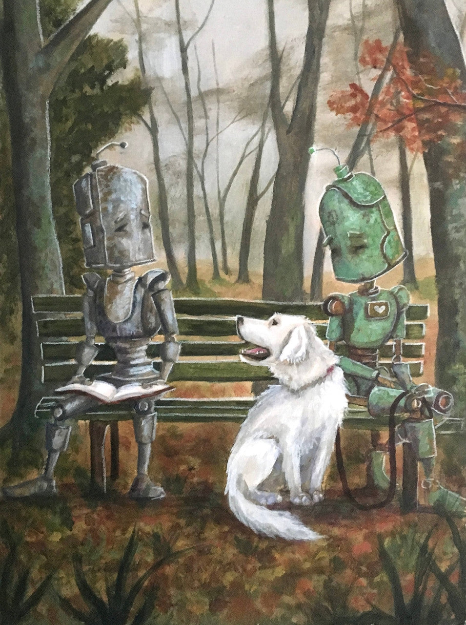 Bench Bot - Robots in Rowboats by Lauren Briere + Print on Wood "Brick"