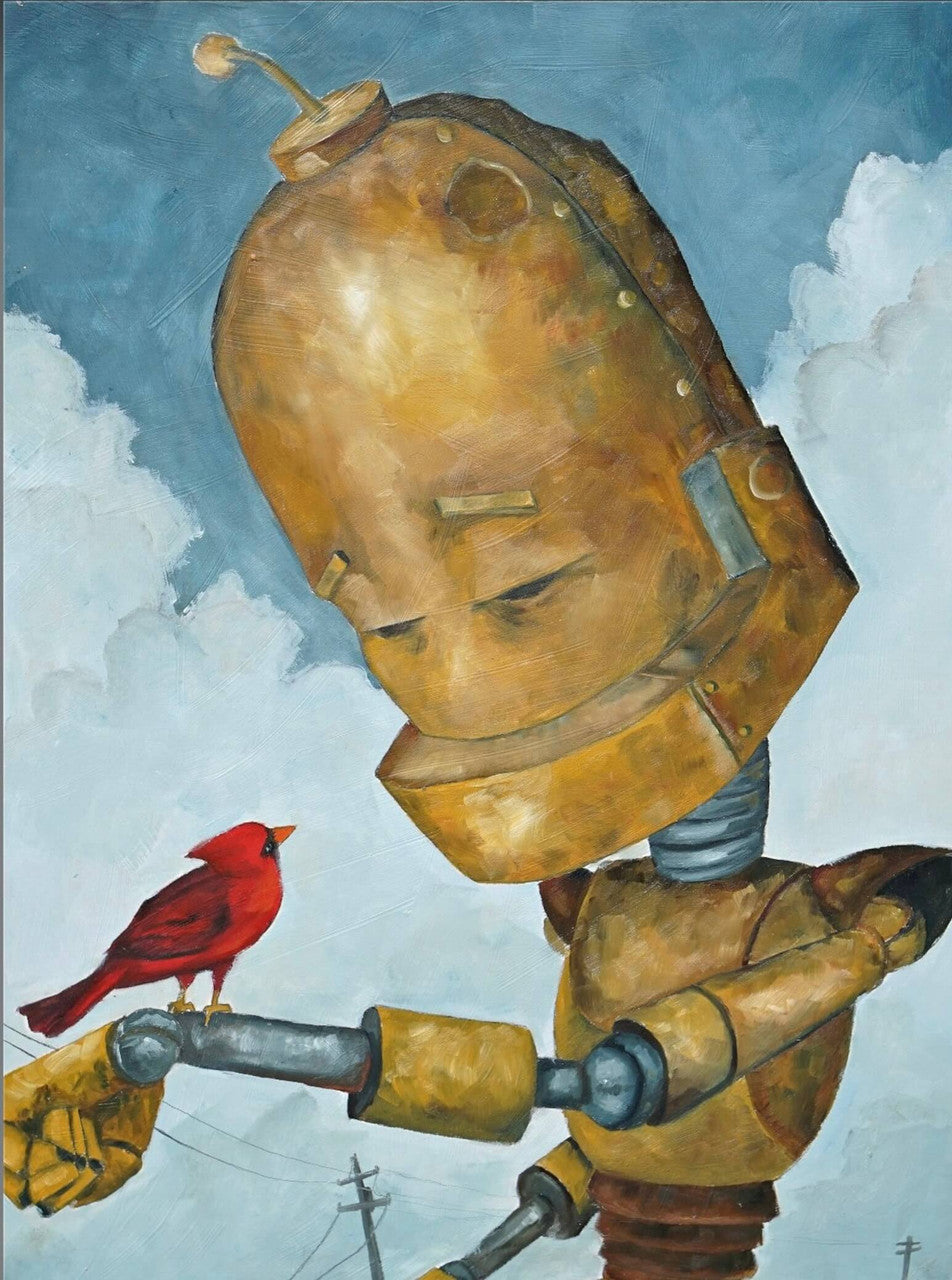 Cardinal Bot - Robots in Rowboats by Lauren Briere + Print on Large Wood "Brick"