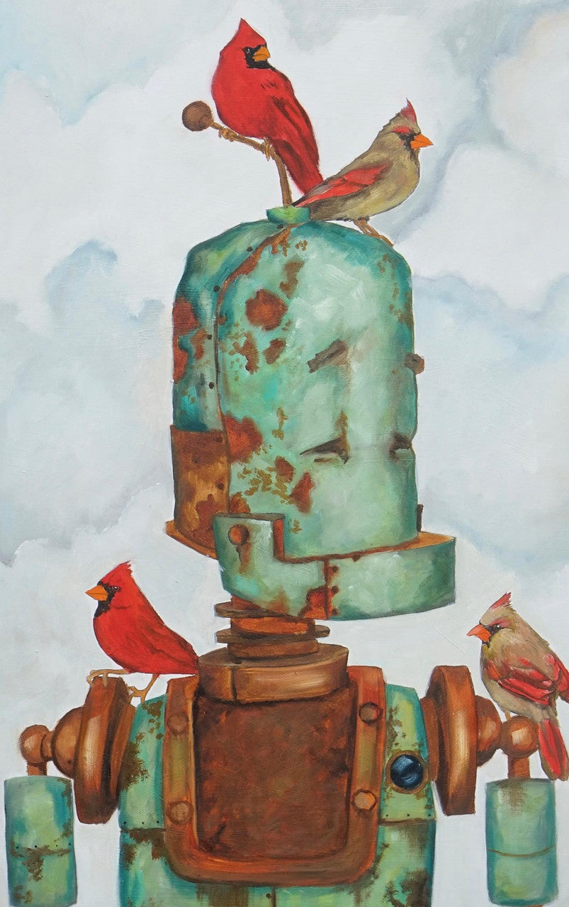 Flock of Cardinals Bot - Robots in Rowboats by Lauren Briere + Print on Wood "Brick"