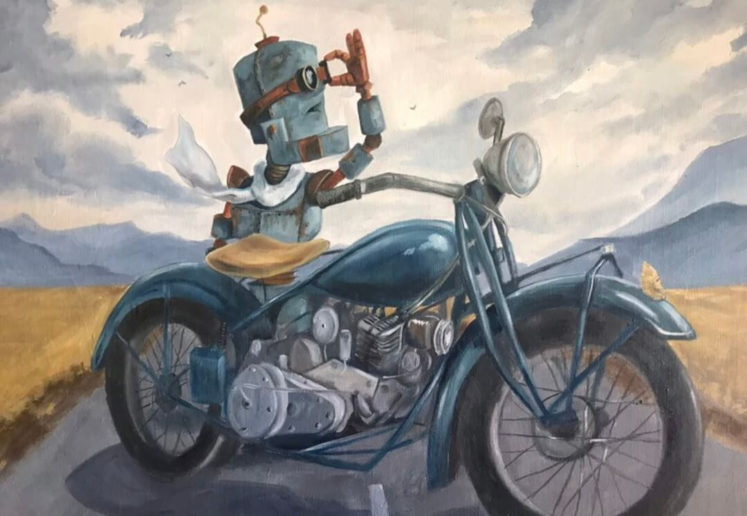Moto Bot - Robots in Rowboats by Lauren Briere - Paper Print
