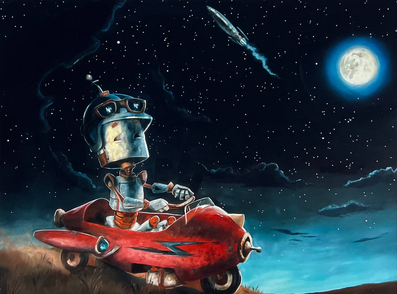 Pedal Rocket Bot - Robots in Rowboats by Lauren Briere + Print on Wood "Brick"