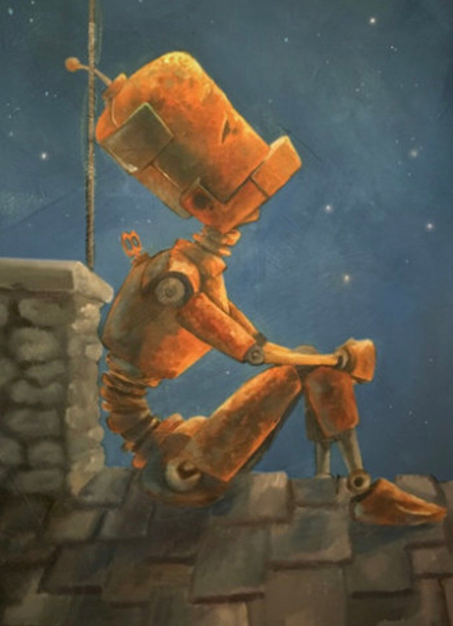 Rooftop Bot - Robots in Rowboats by Lauren Briere + Print on Wood "Brick"