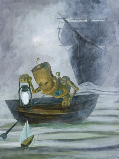 Sail Bot - Robots in Rowboats by Lauren Briere + Print on Wood "Brick"