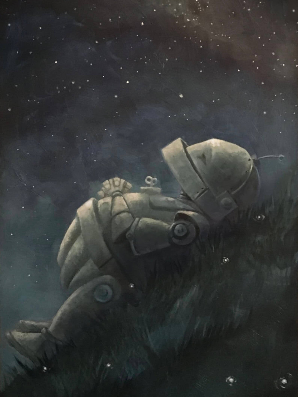 Starry Hillside Bot - Robots in Rowboats by Lauren Briere + Print on Large Wood "Brick"