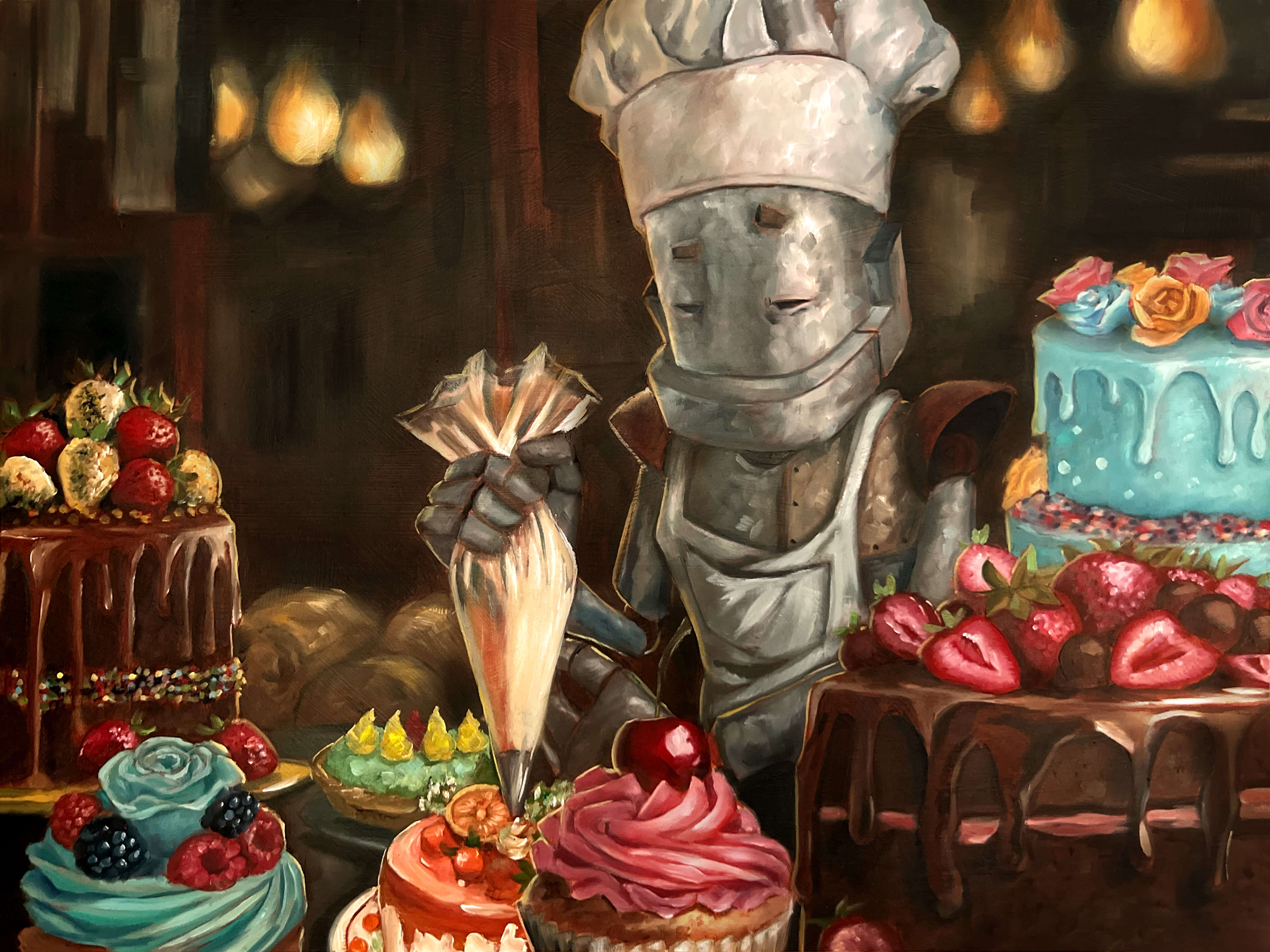 Baker Bot - Robots in Rowboats by Lauren Briere + Print on Wood "Brick"