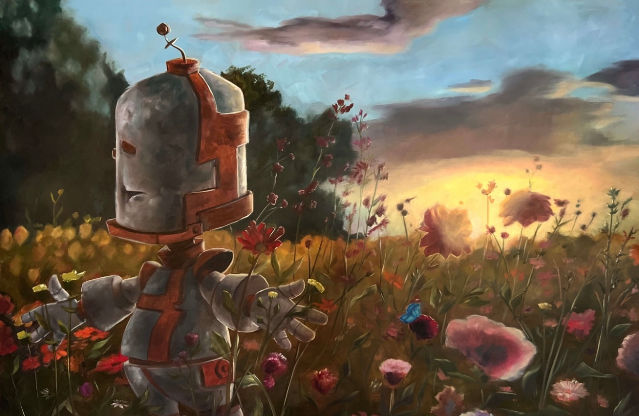 Field of Flowers Bot - Robots in Rowboats by Lauren Briere + Print on Wood "Brick"