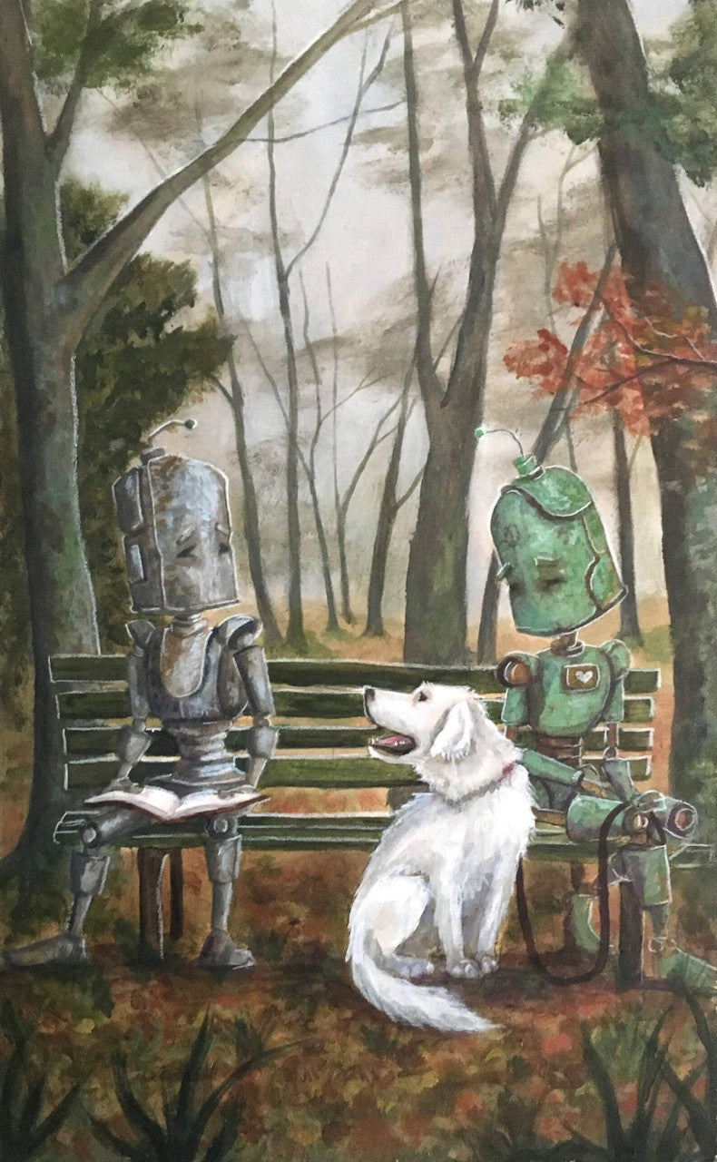 Bench Bot - Robots in Rowboats by Lauren Briere + Print on Large Wood "Brick"