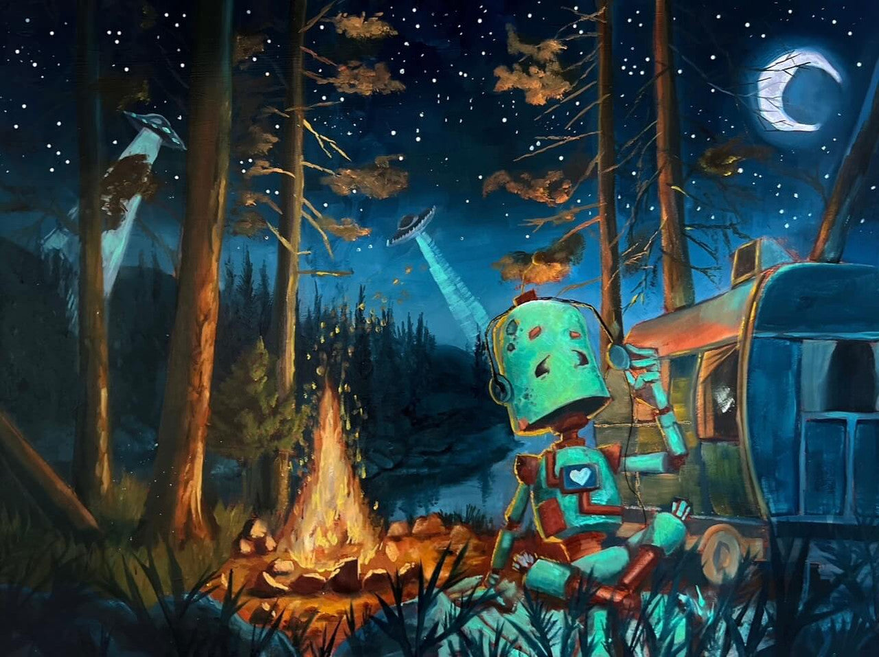 Encounter Bot -Robots in Rowboats by Lauren Briere + Print on Wood "Brick"