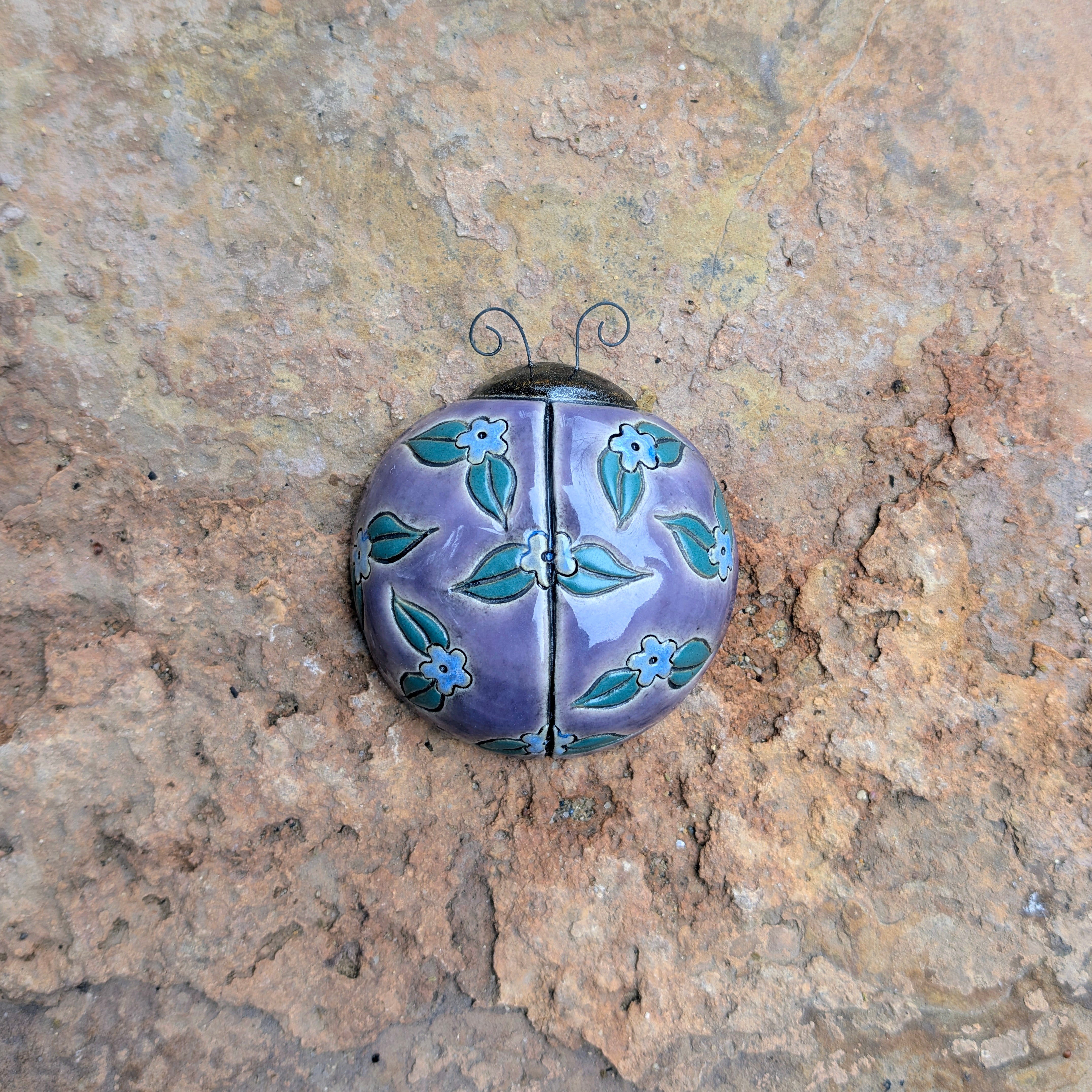 Blue Ditsy Flower on Purple Ladybug by Sarah Beth Pottery