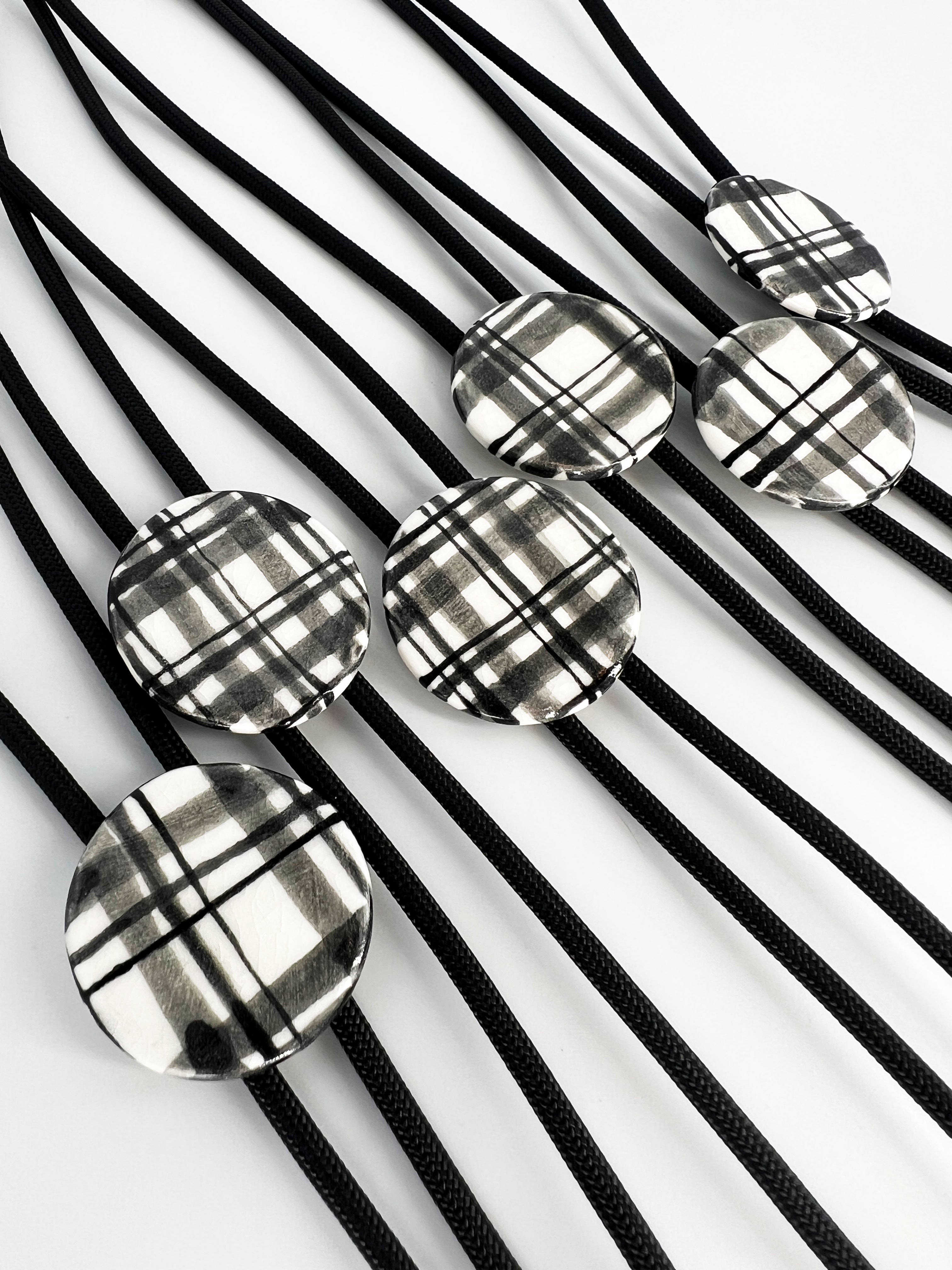 Black and White Gingham Ceramic Bolo Tie by Sarah Beth Pottery