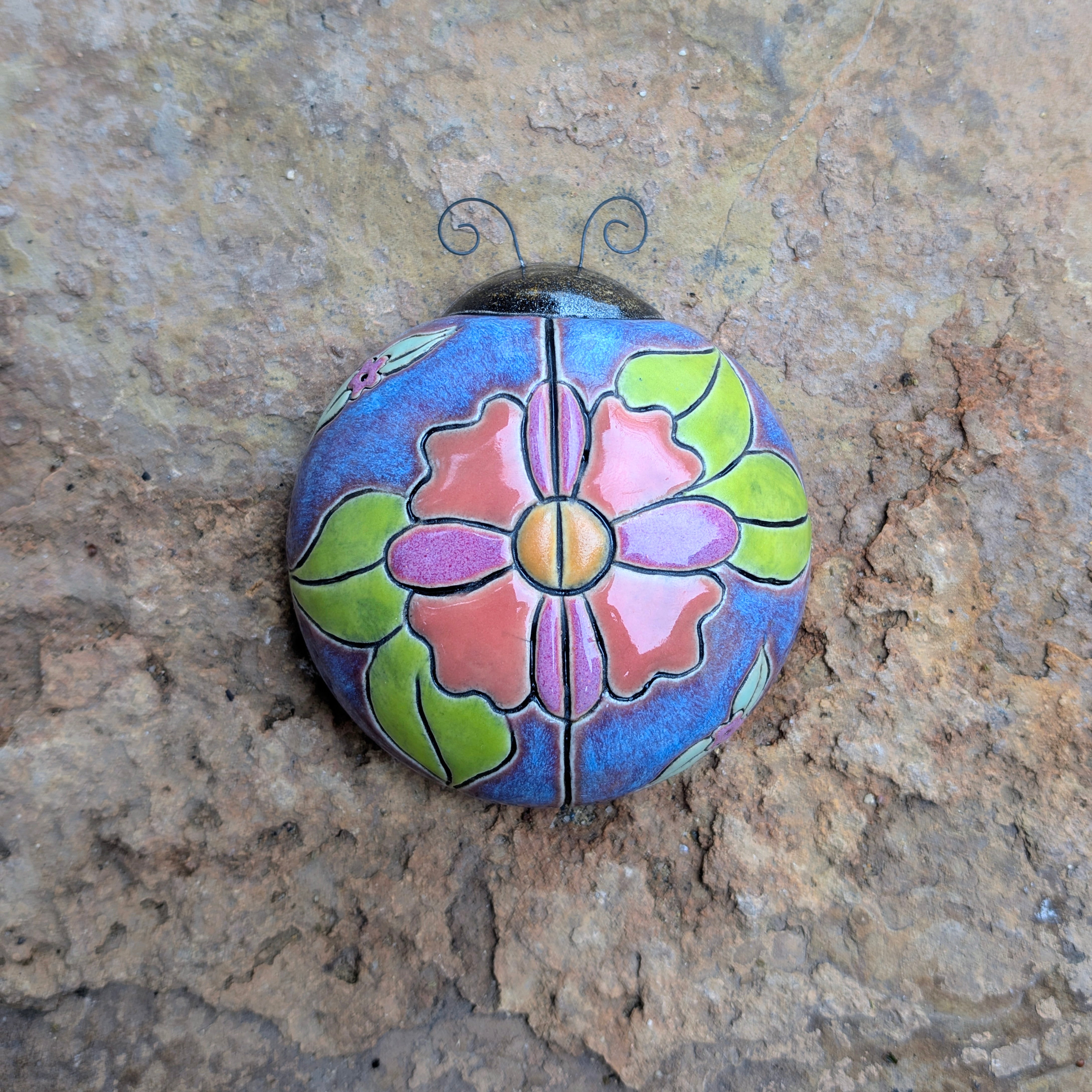 Coral & Pink Flower on Purple Ladybug by Sarah Beth Pottery