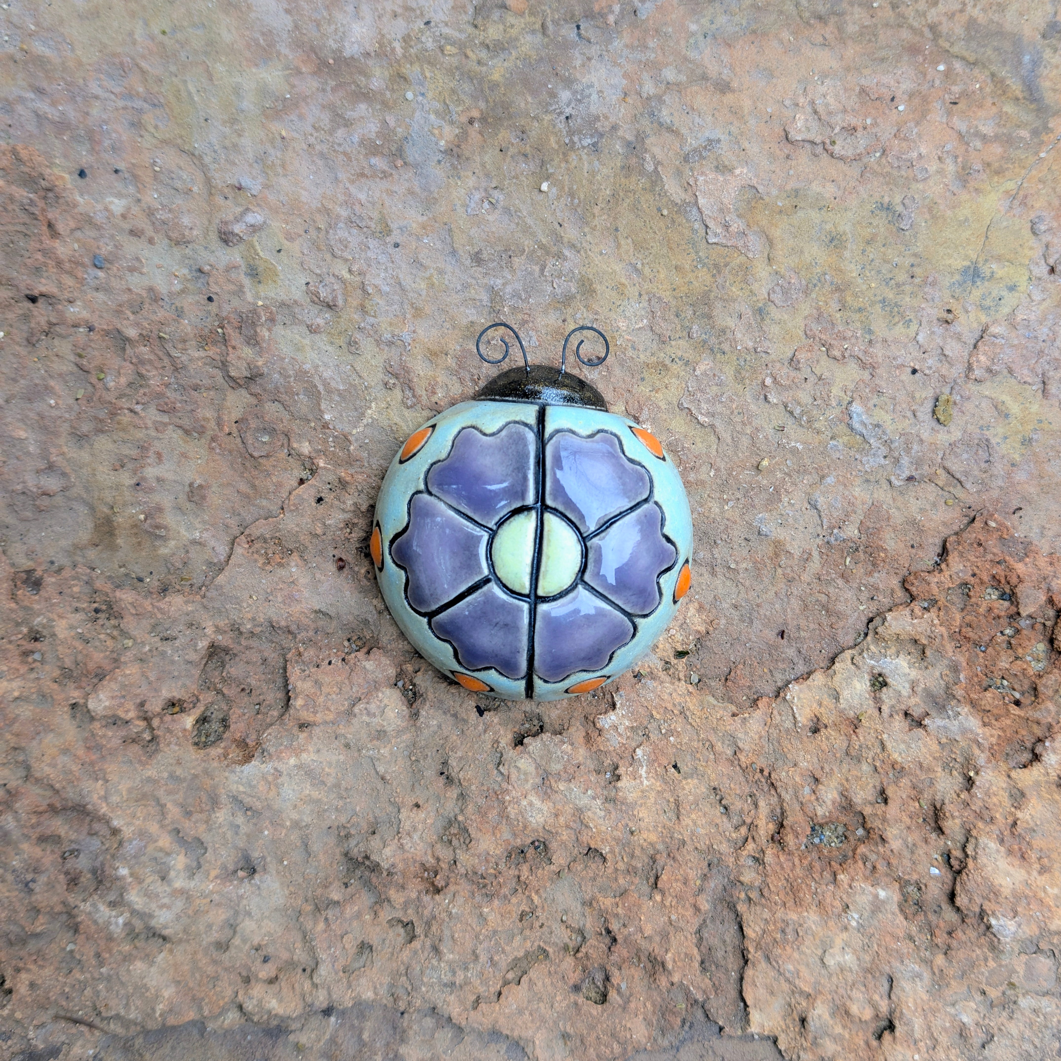 Dusty Purple Flower on Mint Green Ladybug by Sarah Beth Pottery