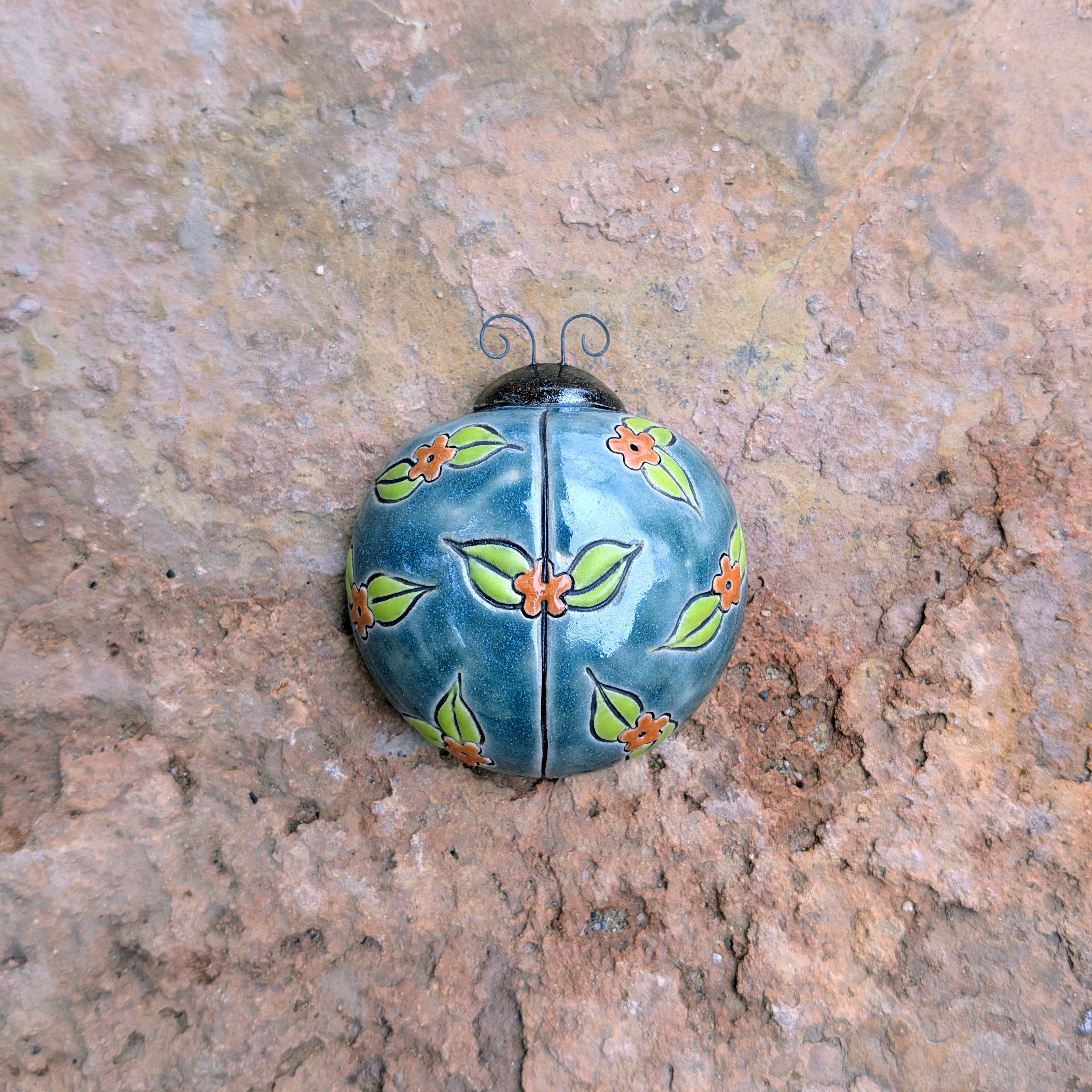 Orange Ditsy Flower on Bluegreen Ladybug by Sarah Beth Pottery