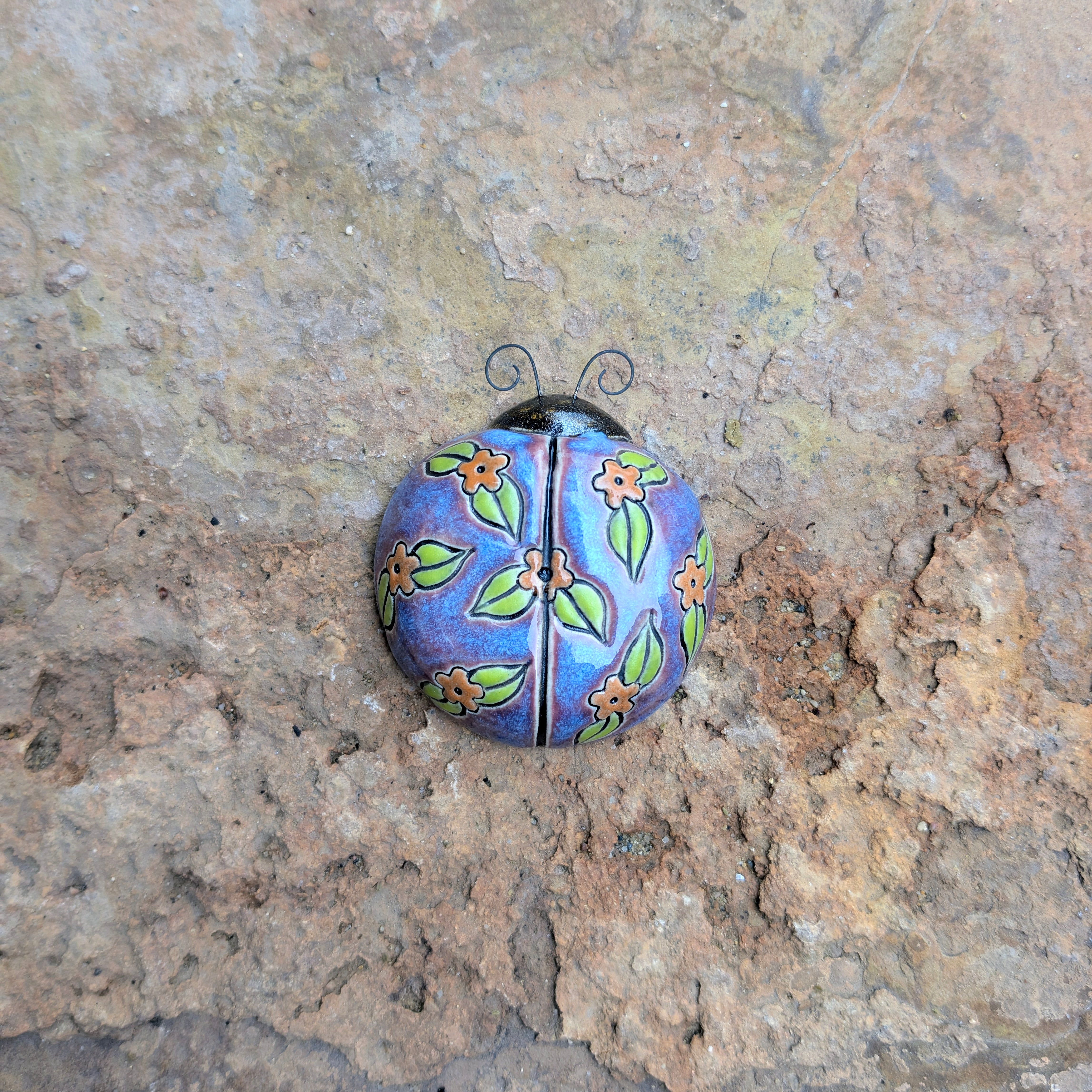 Orange Ditsy Flower on Purple Ladybug by Sarah Beth Pottery